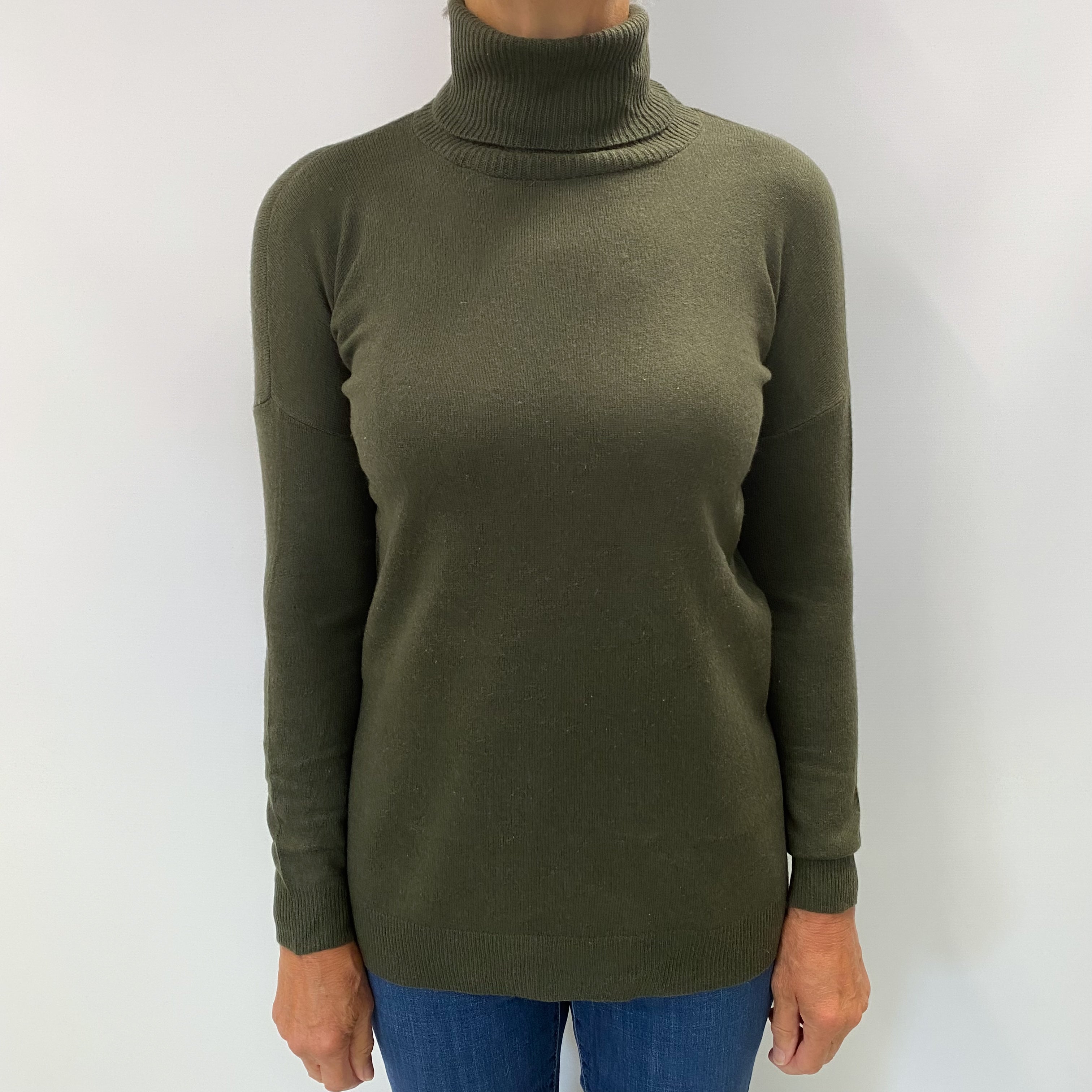 Army Green Cashmere Polo Neck Jumper Medium