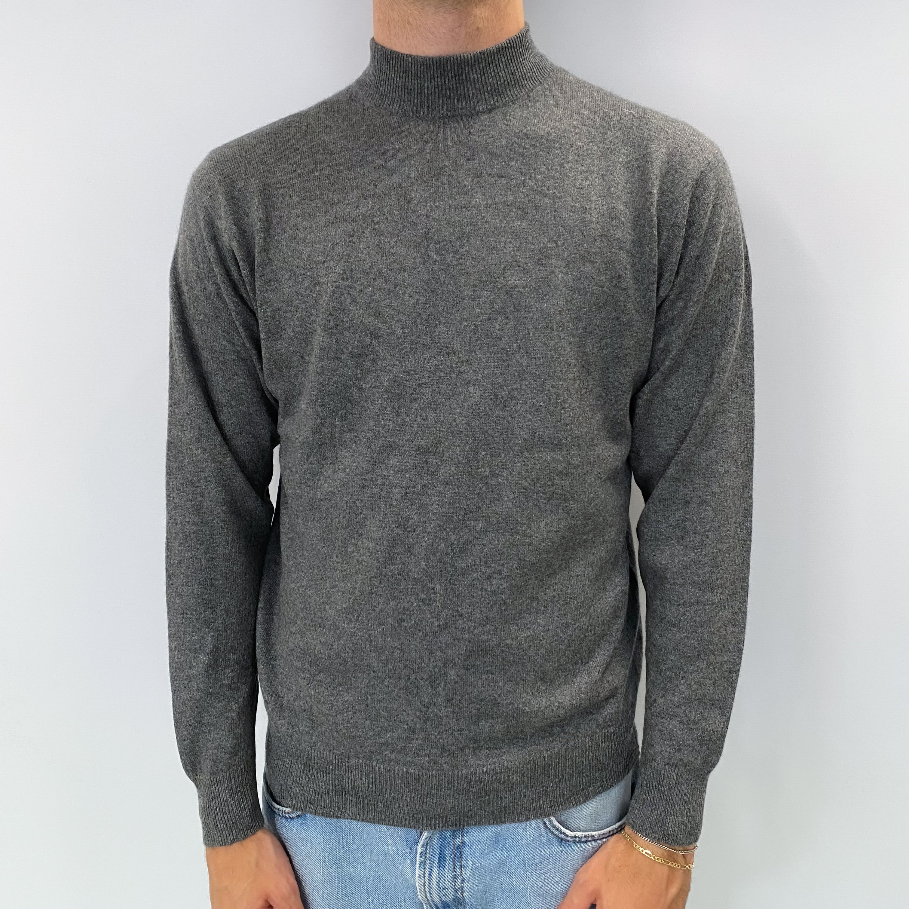 Men's Slate Grey Cashmere Turtle Neck Jumper Medium