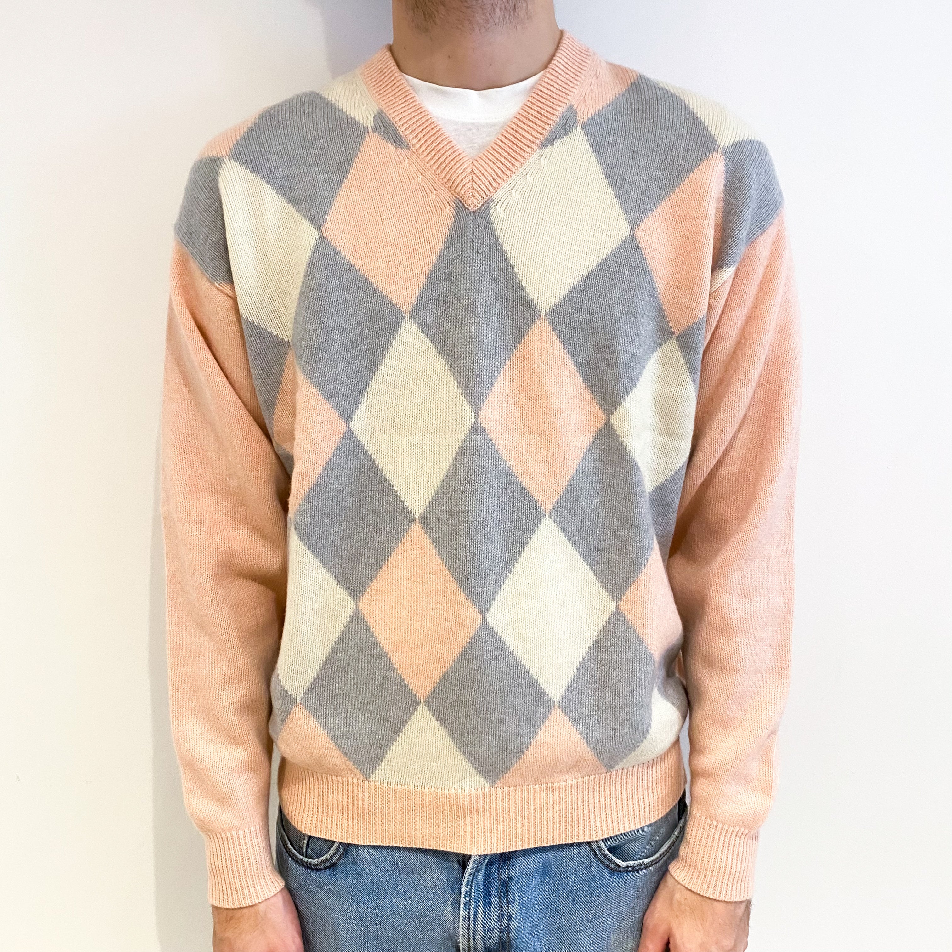 Men's Peach and Grey Diamond Cashmere V Neck Jumper Large