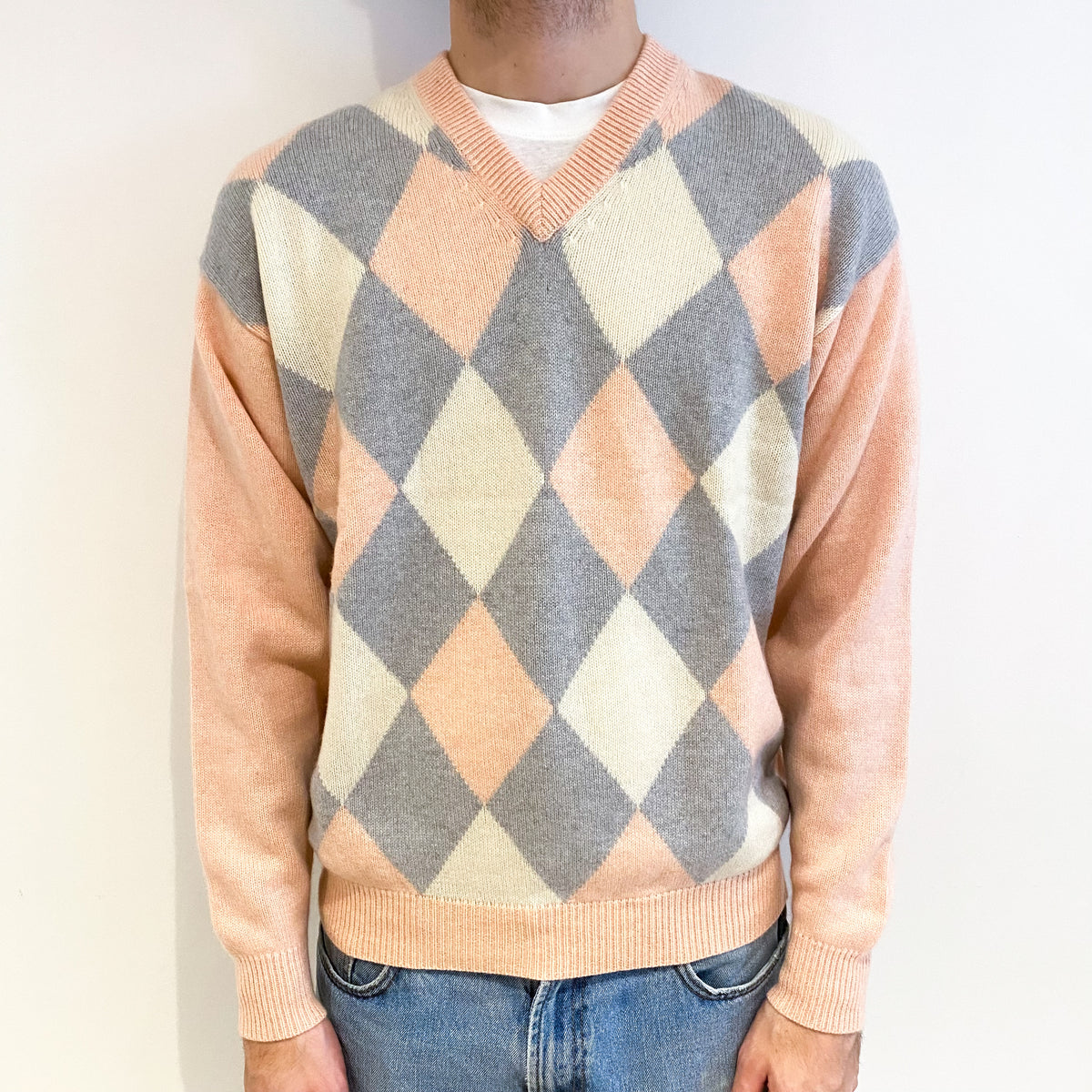 Men's Peach and Grey Diamond Cashmere V Neck Jumper Large