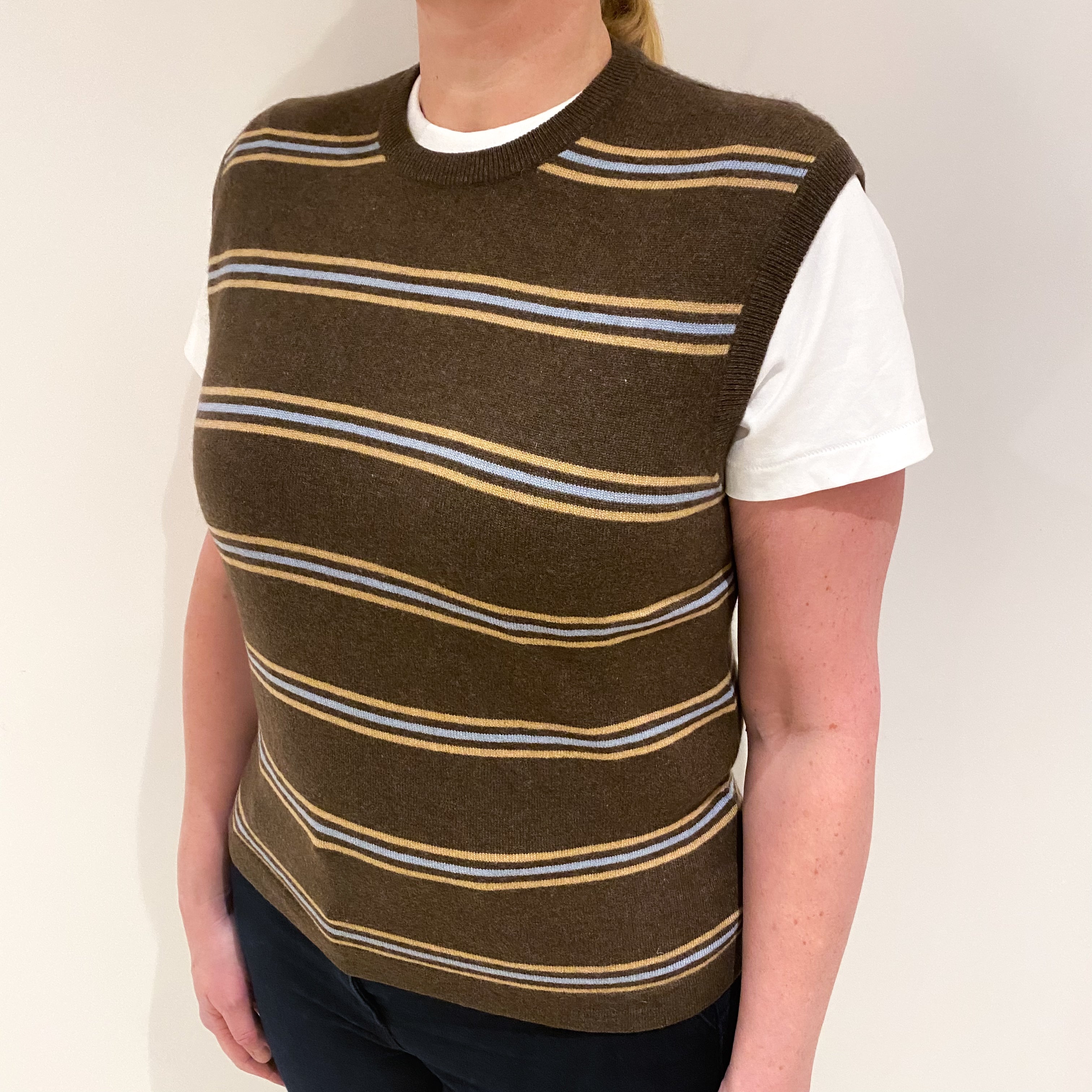Muted Brown with Caramel and Blue Stripes Cashmere Crew Neck Tank Top Large