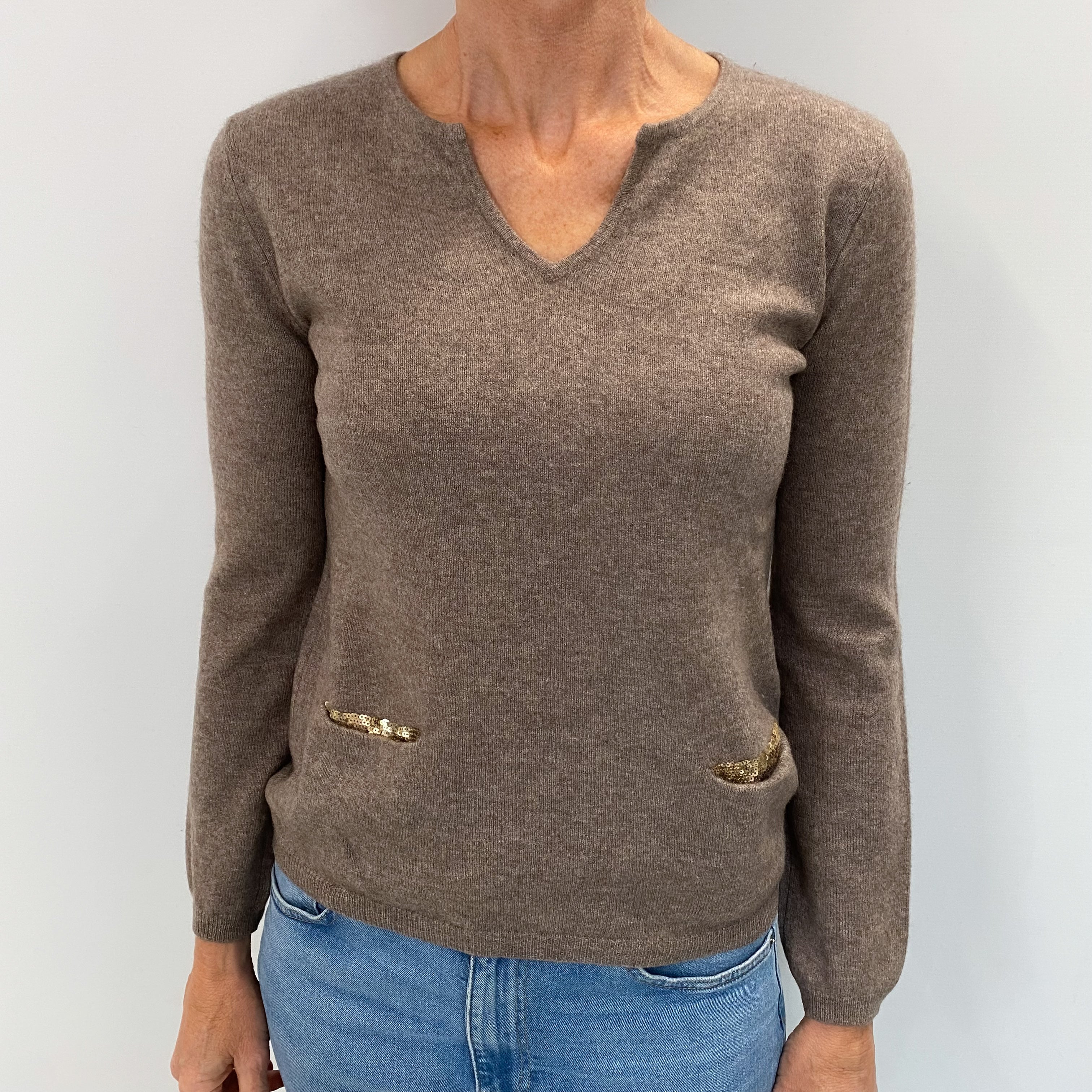 Mocha Brown Cashmere Notch Neck Jumper with Pockets Small