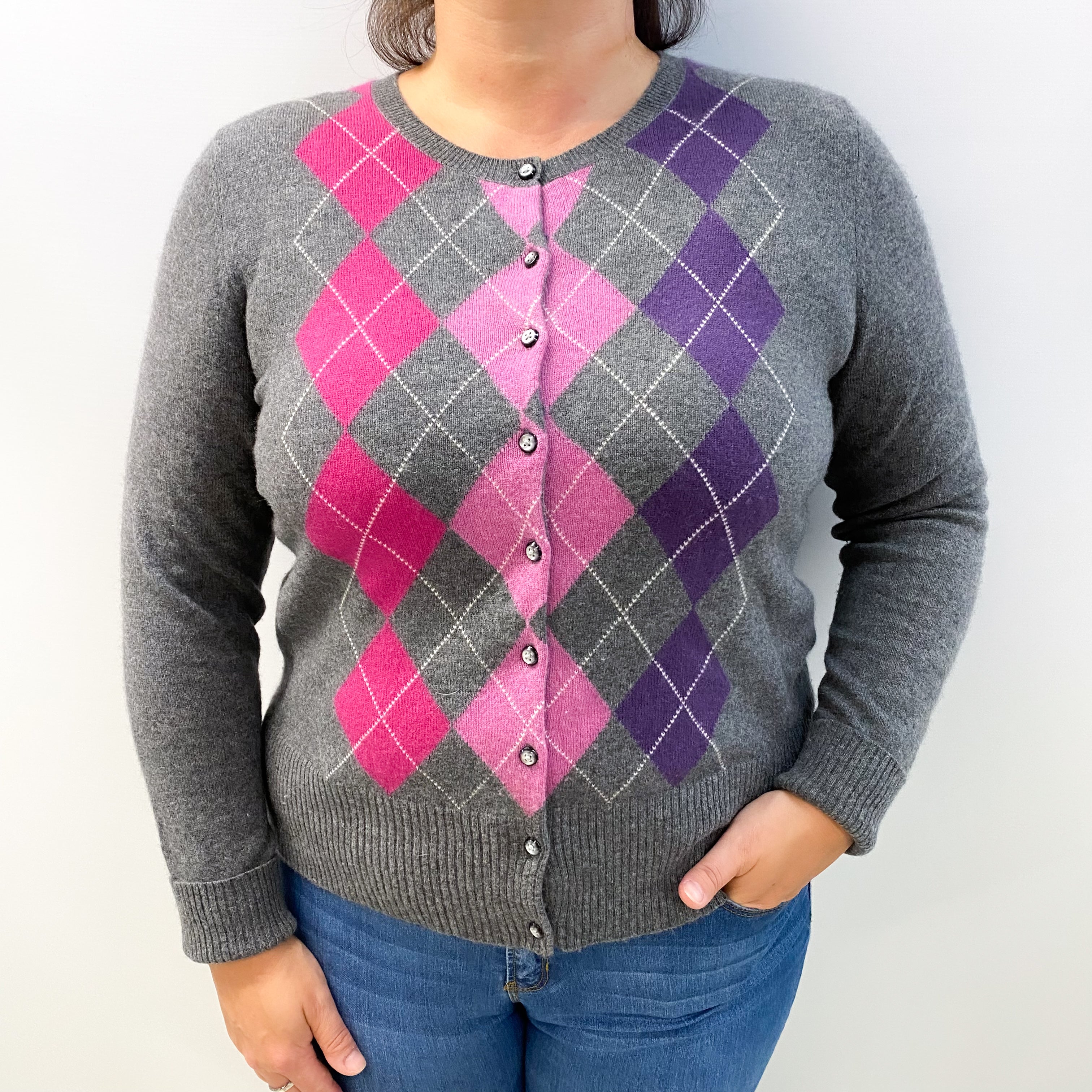 Slate Grey Argyle Cashmere Cardigan Large