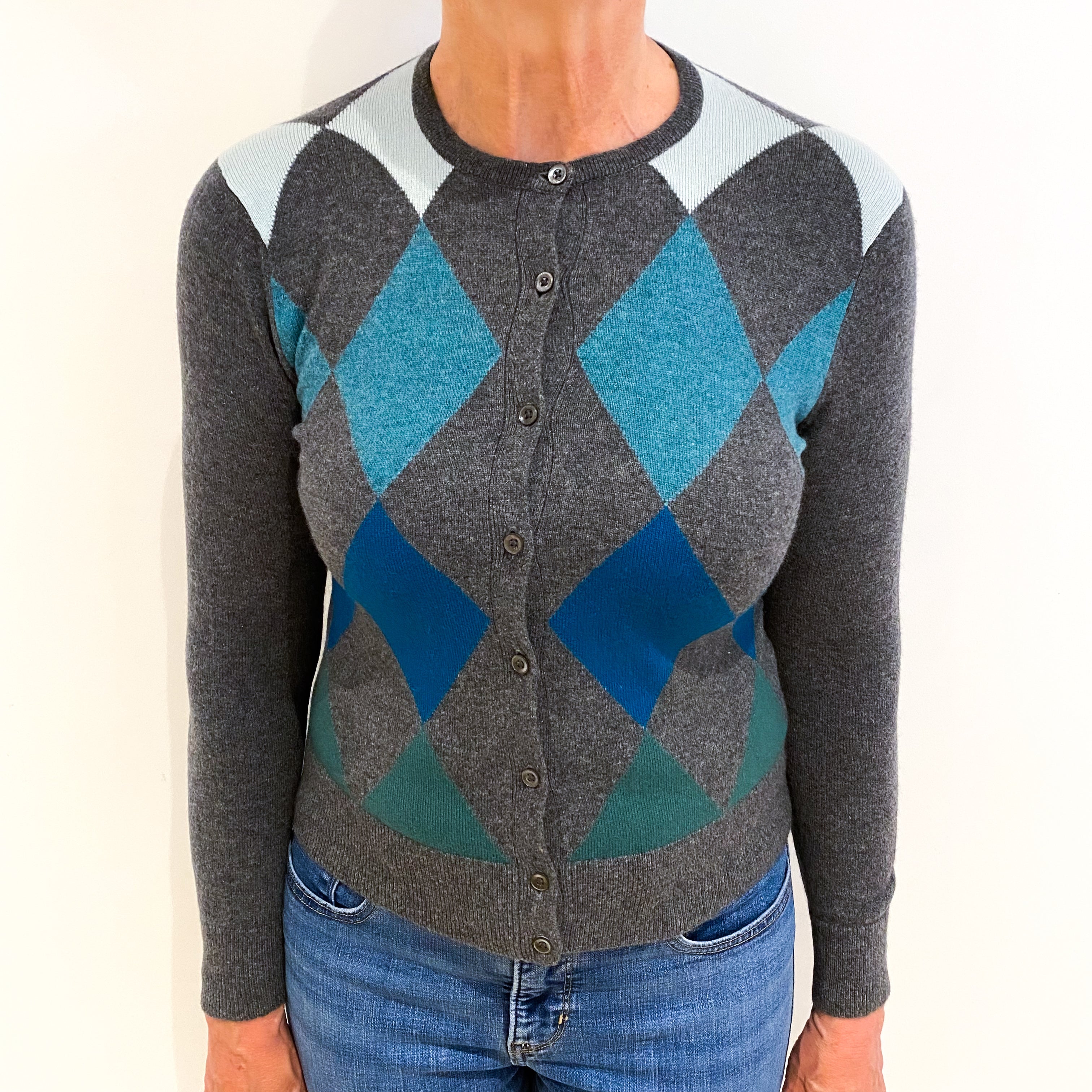 Slate Grey Diamond Pattern Cashmere Cardigan Medium