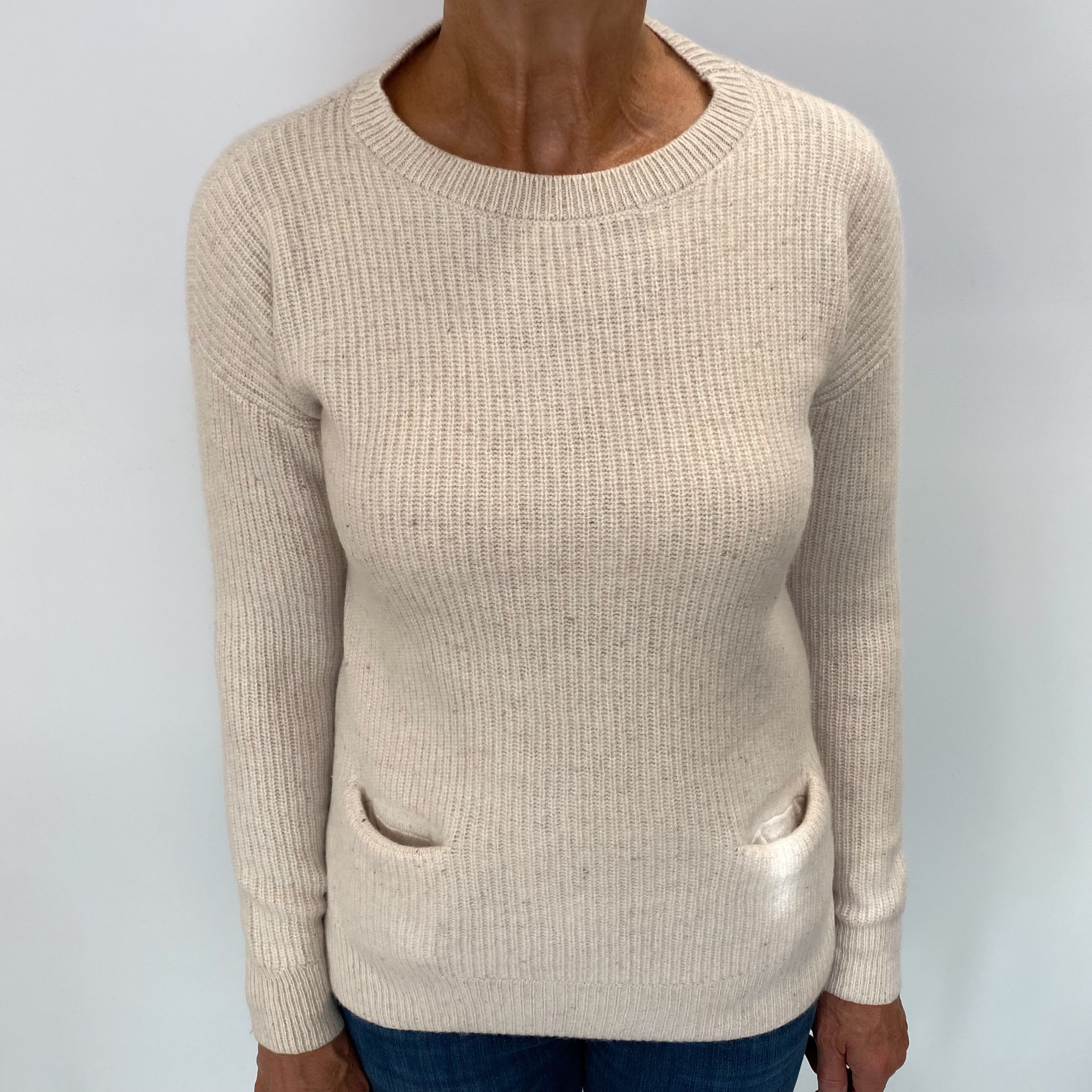 Oatmeal Beige Cashmere Crew Neck Longline Jumper Medium