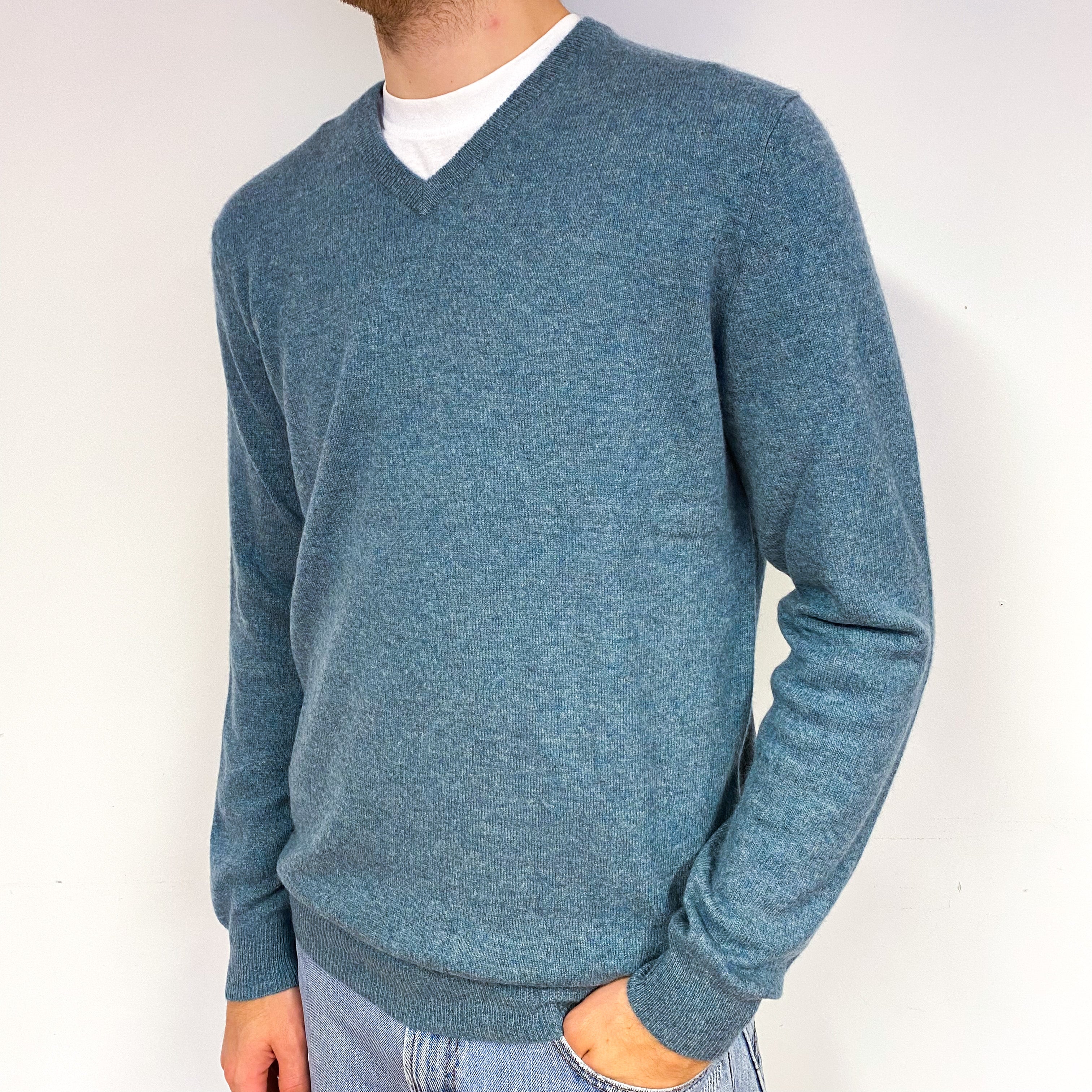 Men's Dark Duck Egg Blue Cashmere V-Neck Jumper Large
