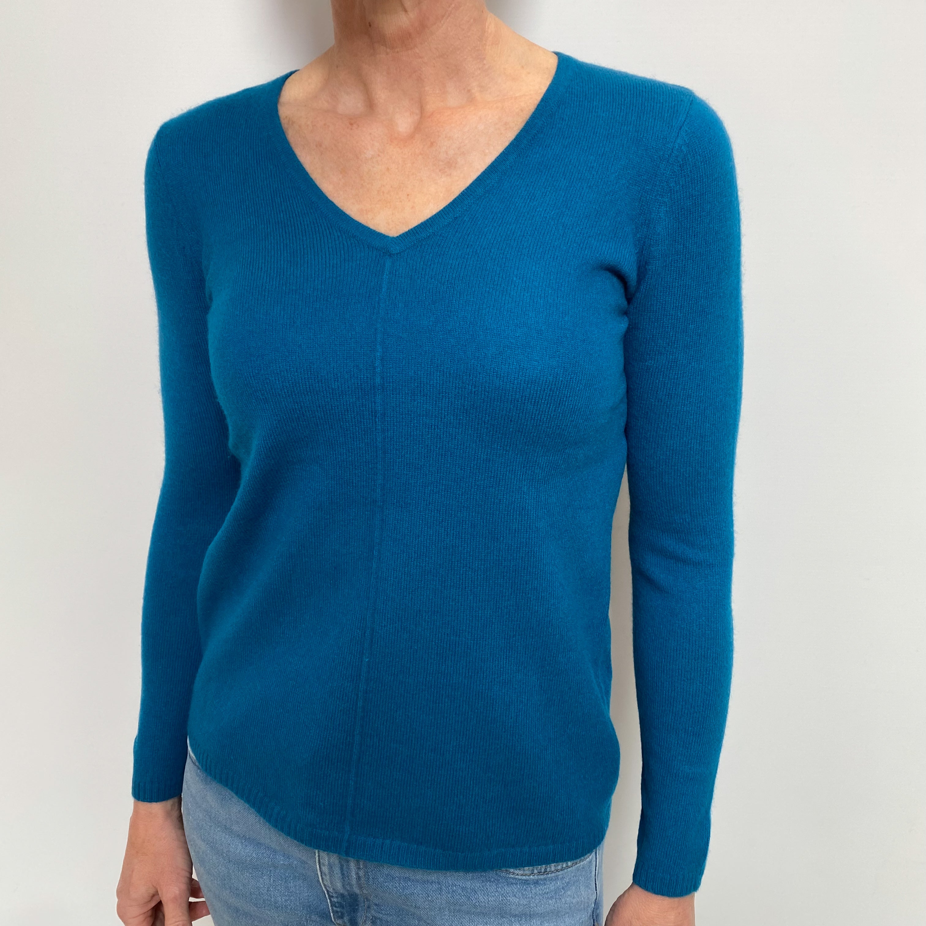 Teal Blue Cashmere V Neck Jumper Small