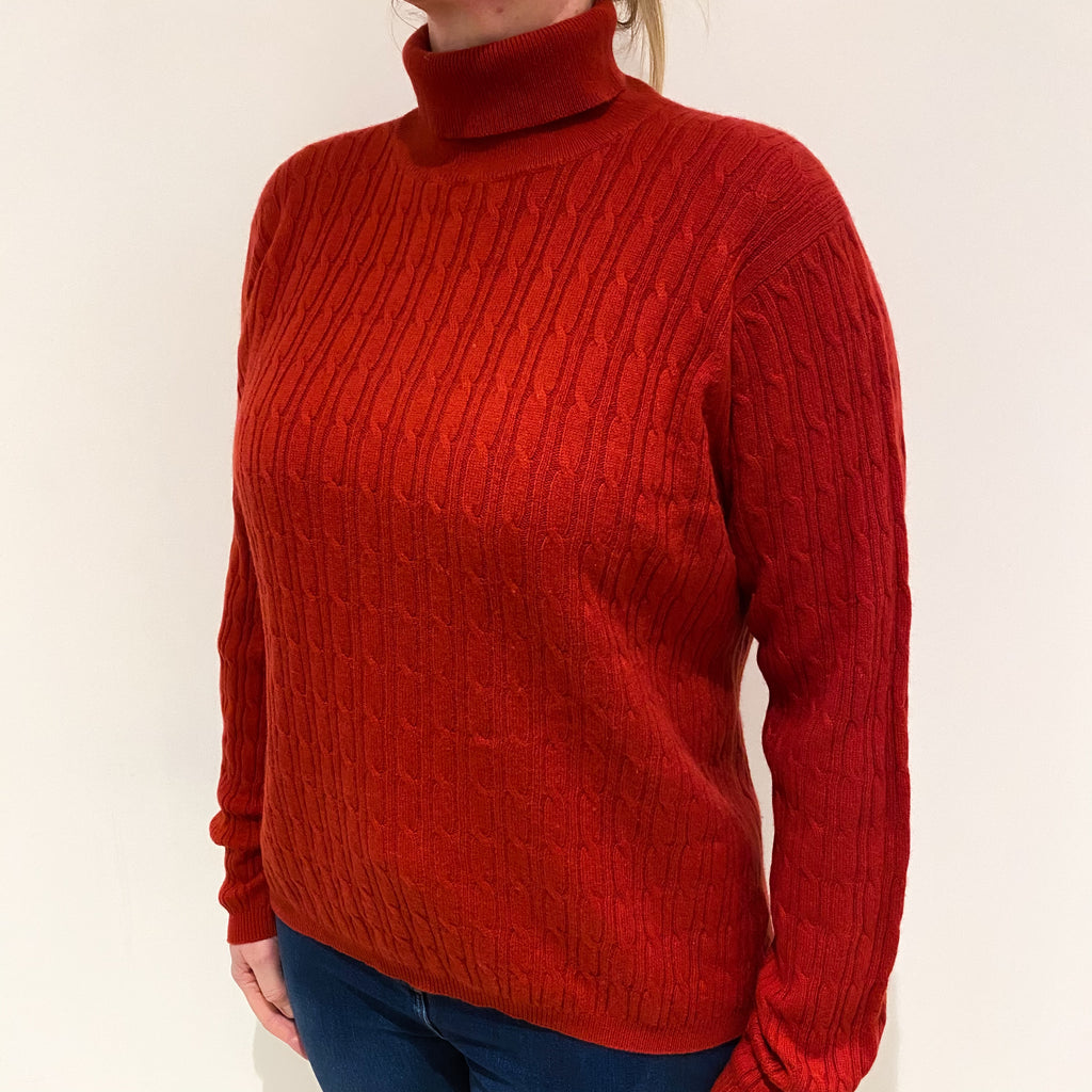 Rust Red Cable Cashmere Polo Neck Jumper Large