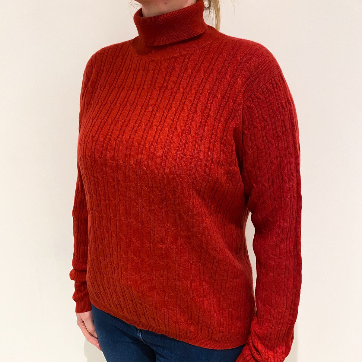 Rust Red Cable Cashmere Polo Neck Jumper Large