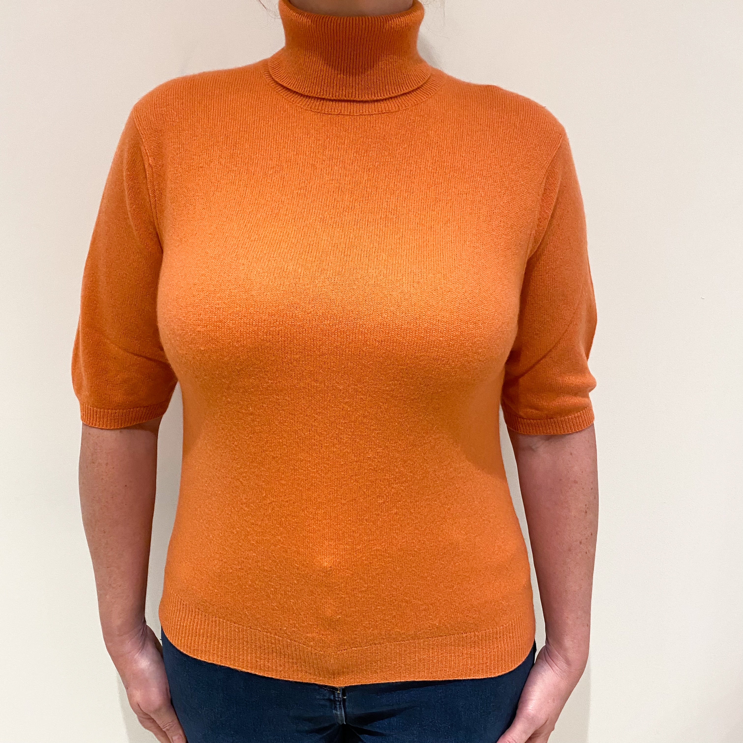 Pumpkin Orange Cashmere Short Sleeved Polo Neck Jumper Large