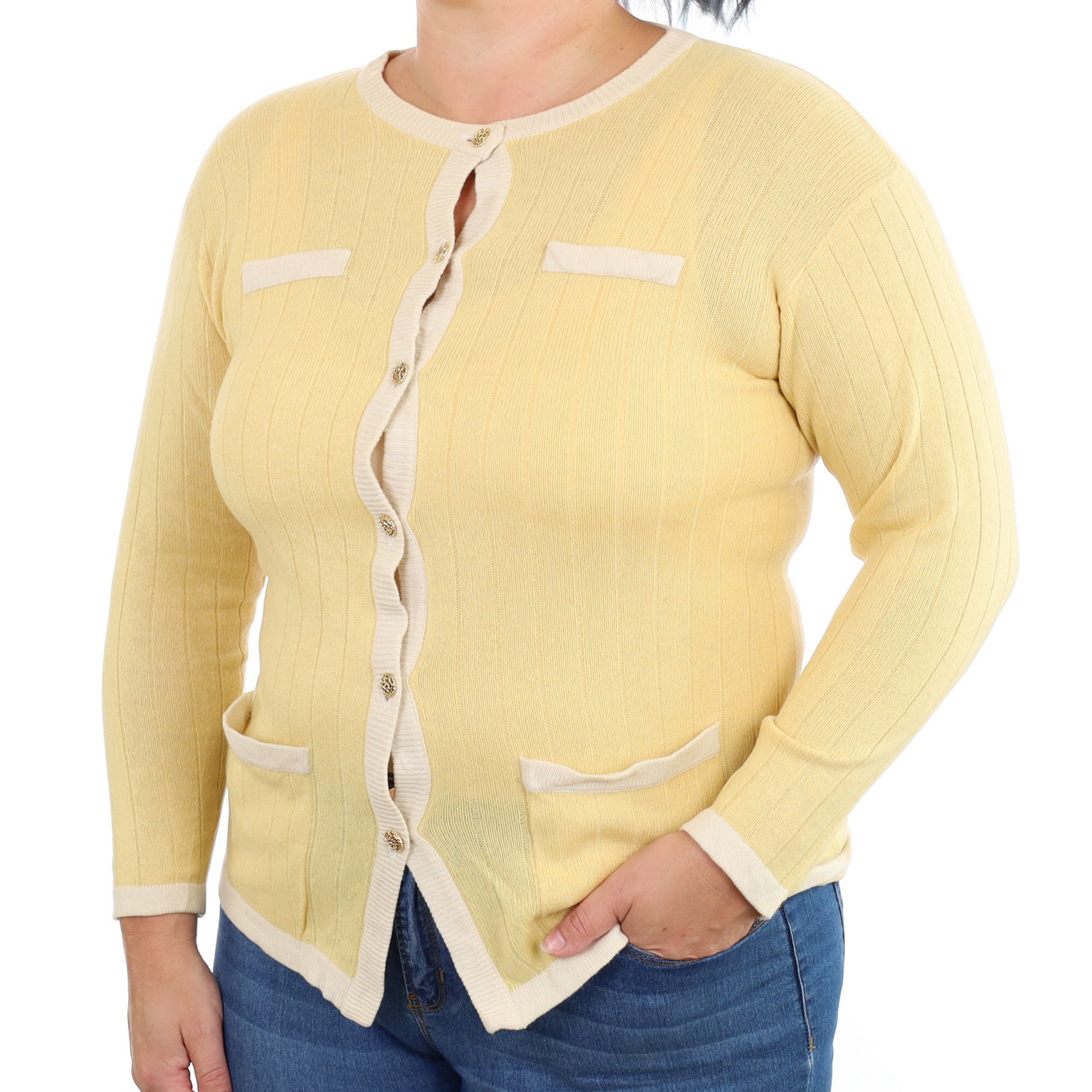 Custard Yellow Cashmere Crew Neck Cardigan Large