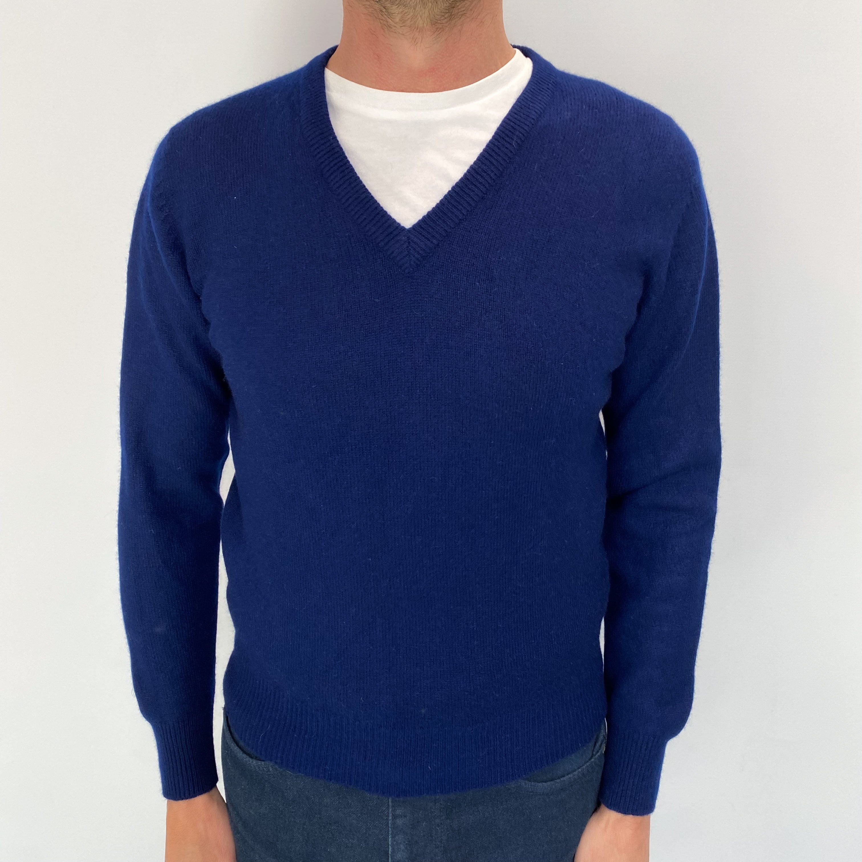 Men's Navy Blue Cashmere V Neck Jumper Extra Small