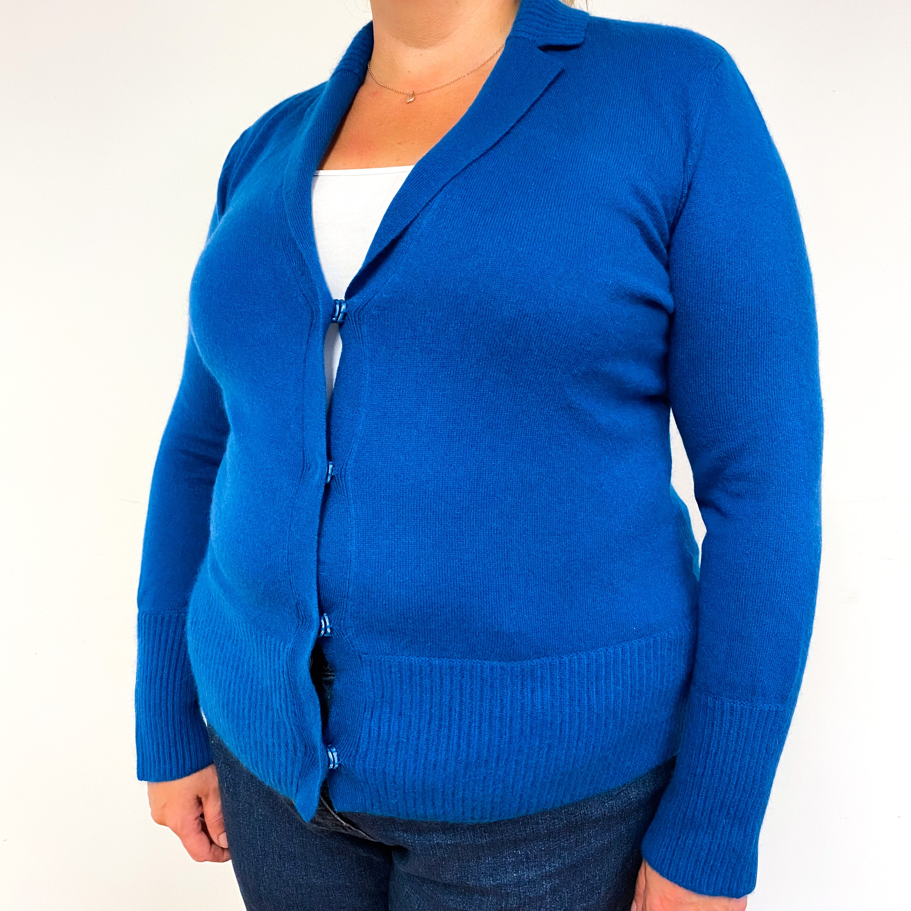 Peacock Blue Cashmere Collared V-Neck Cardigan Extra Large