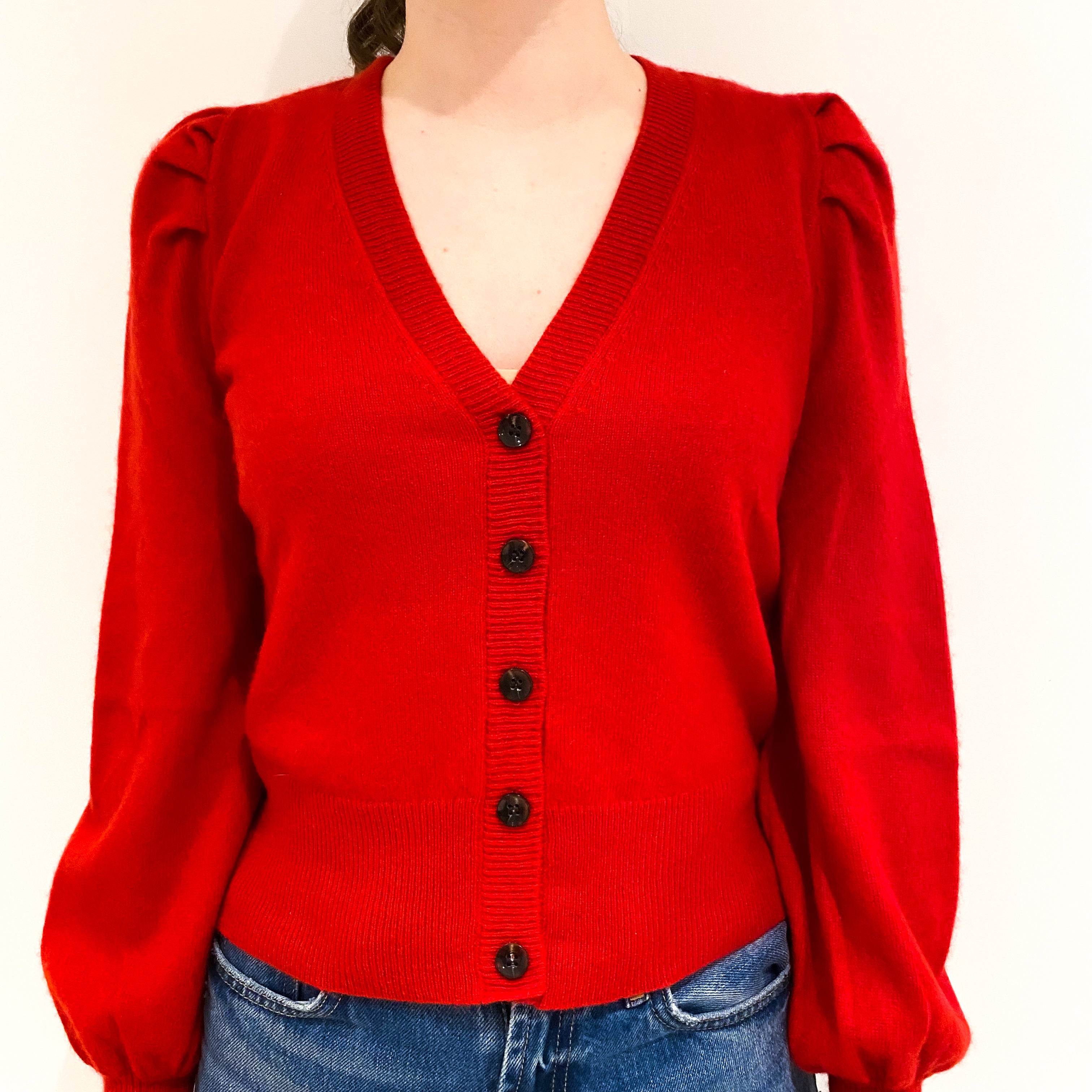 Scarlet Red Puff Shouldered Cashmere V-Neck Cardigan Extra Small