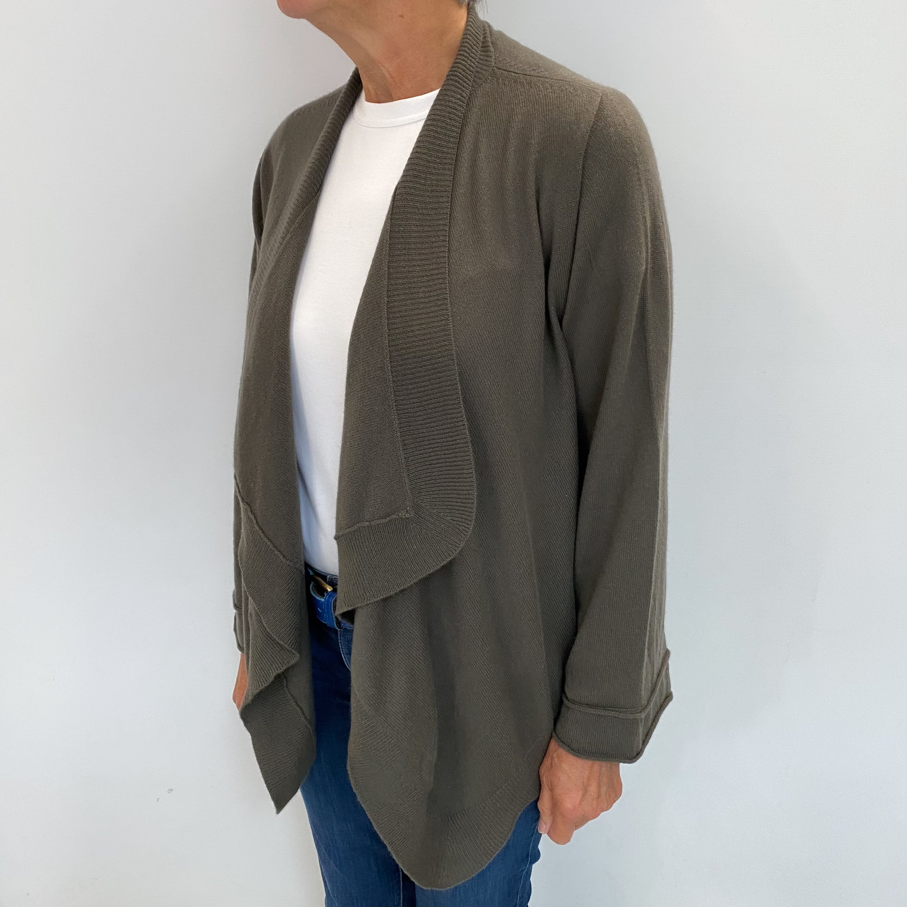 Khaki Brown Cashmere Waterfall Cardigan Medium