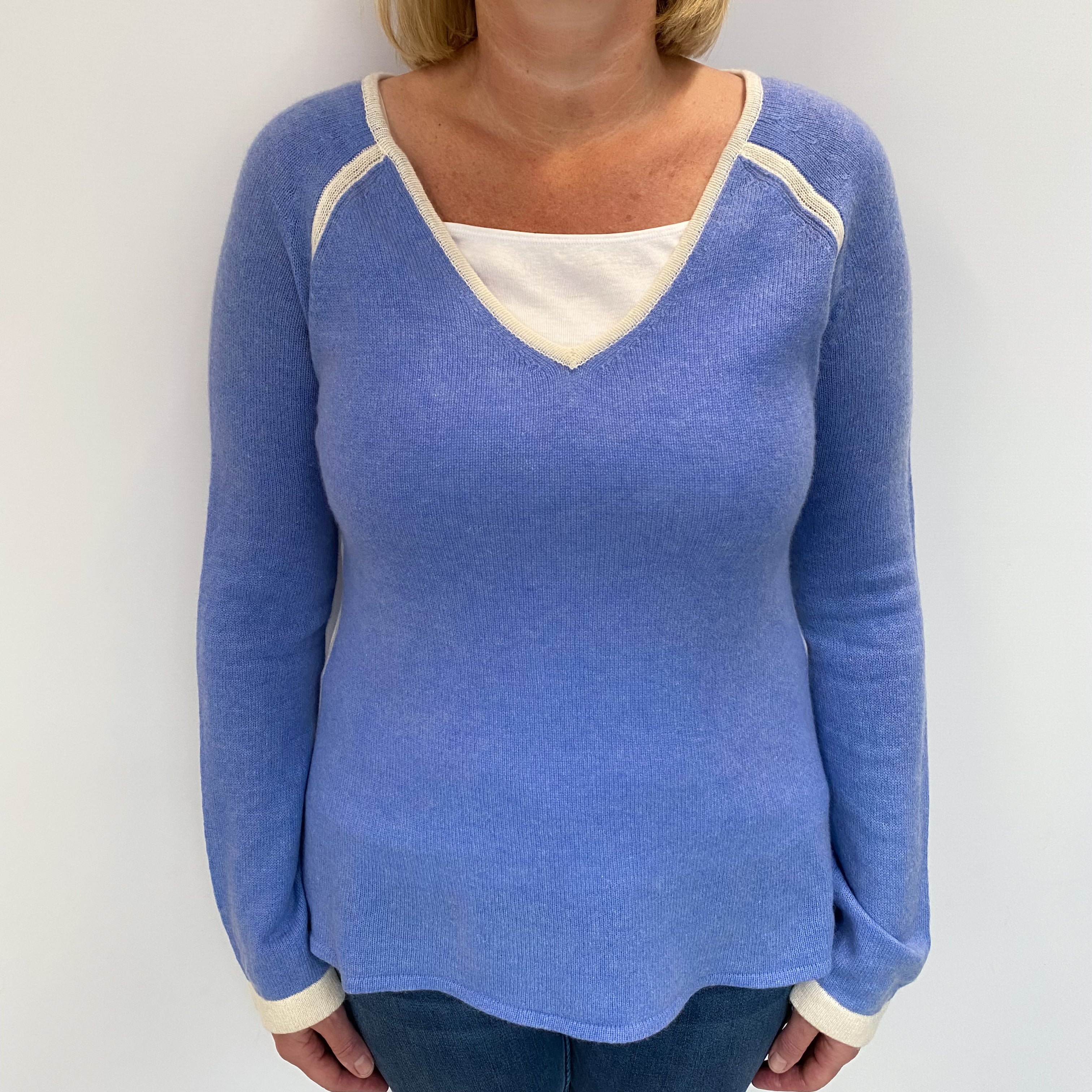 Cornflower Blue Cashmere V Neck Jumper Large