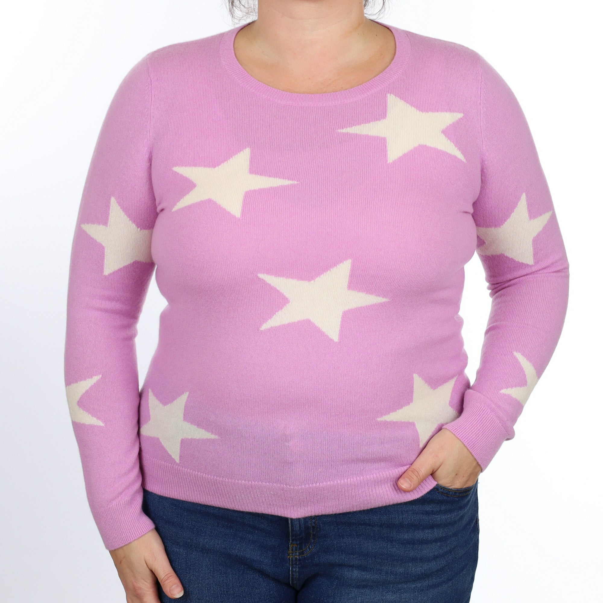 Mauve Purple with White Stars Cashmere Crew Neck Jumper Large