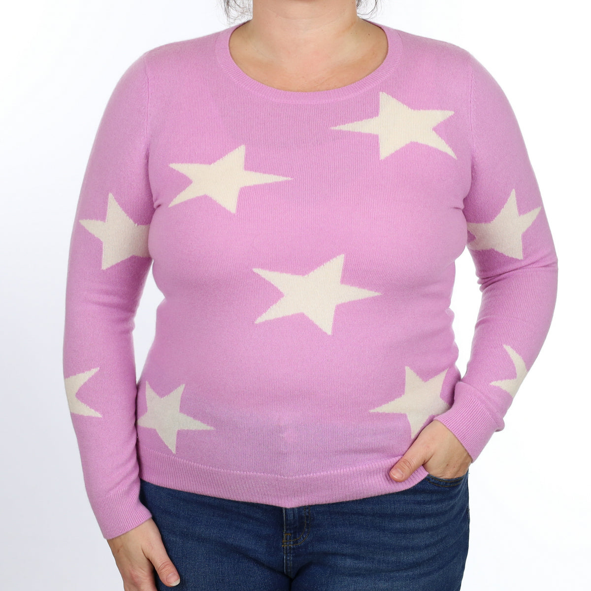 Mauve Purple with White Stars Cashmere Crew Neck Jumper Large