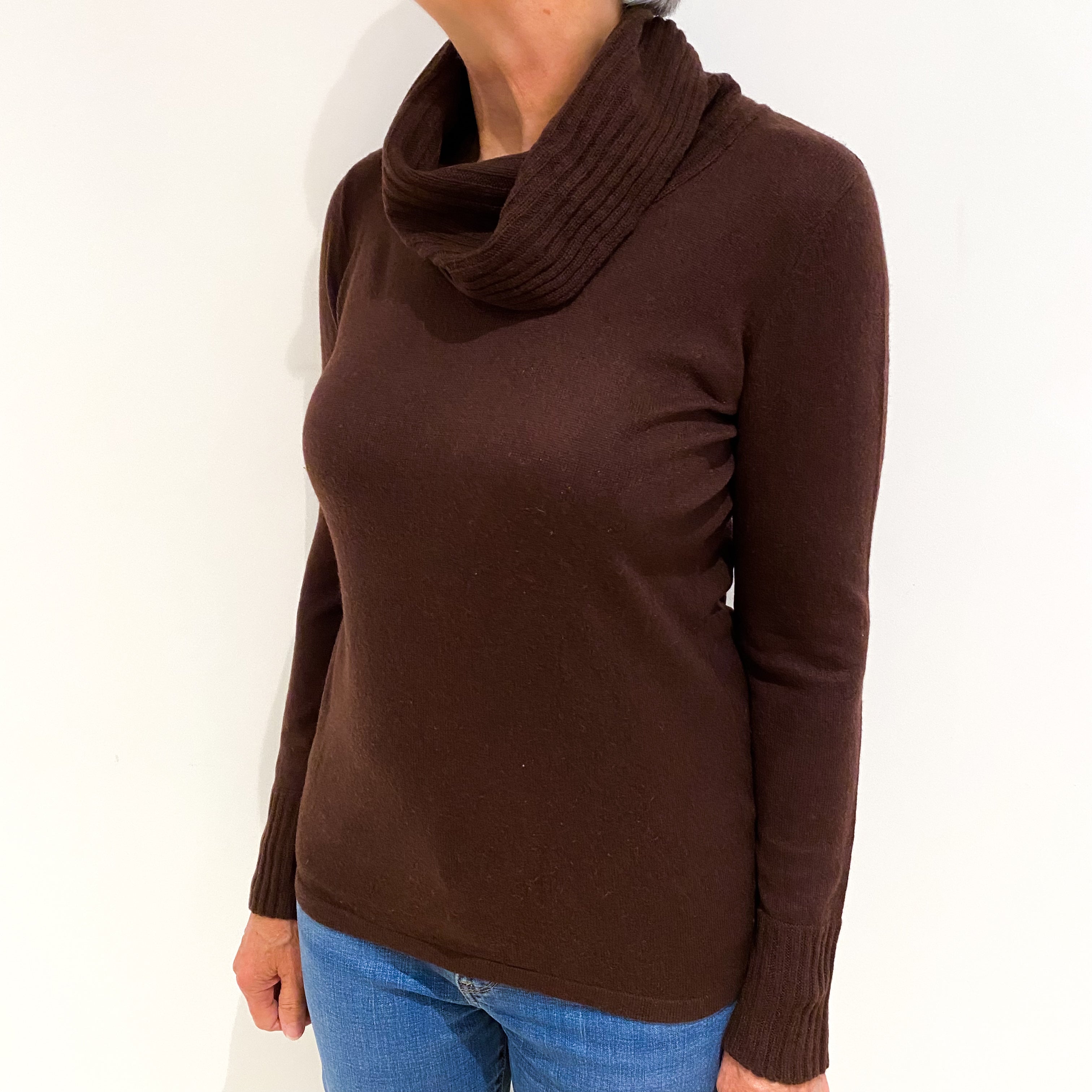 Dark Chocolate Brown Cashmere Cowl Neck Jumper Medium