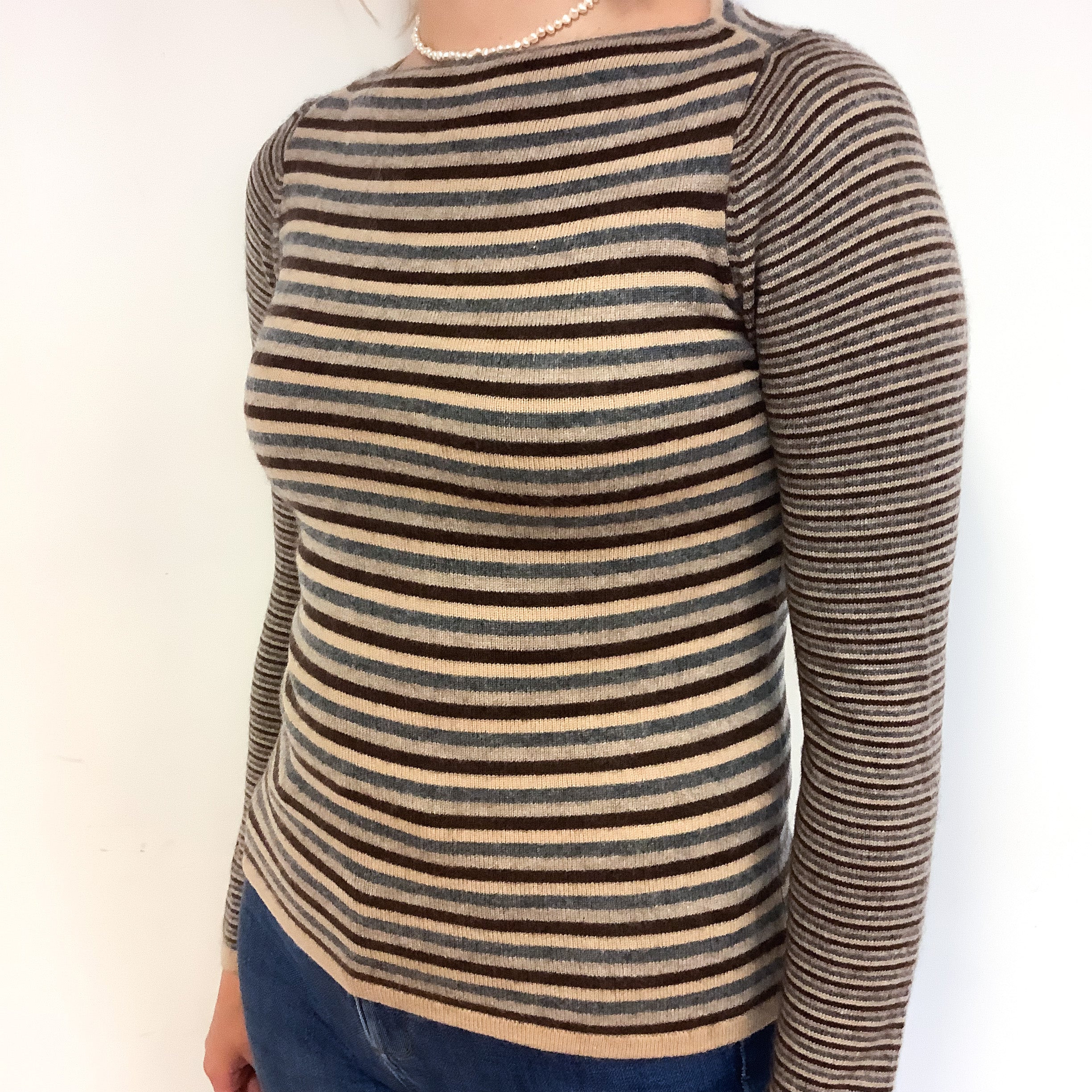 Brown Grey Stripe Cashmere Boat Neck Jumper Small