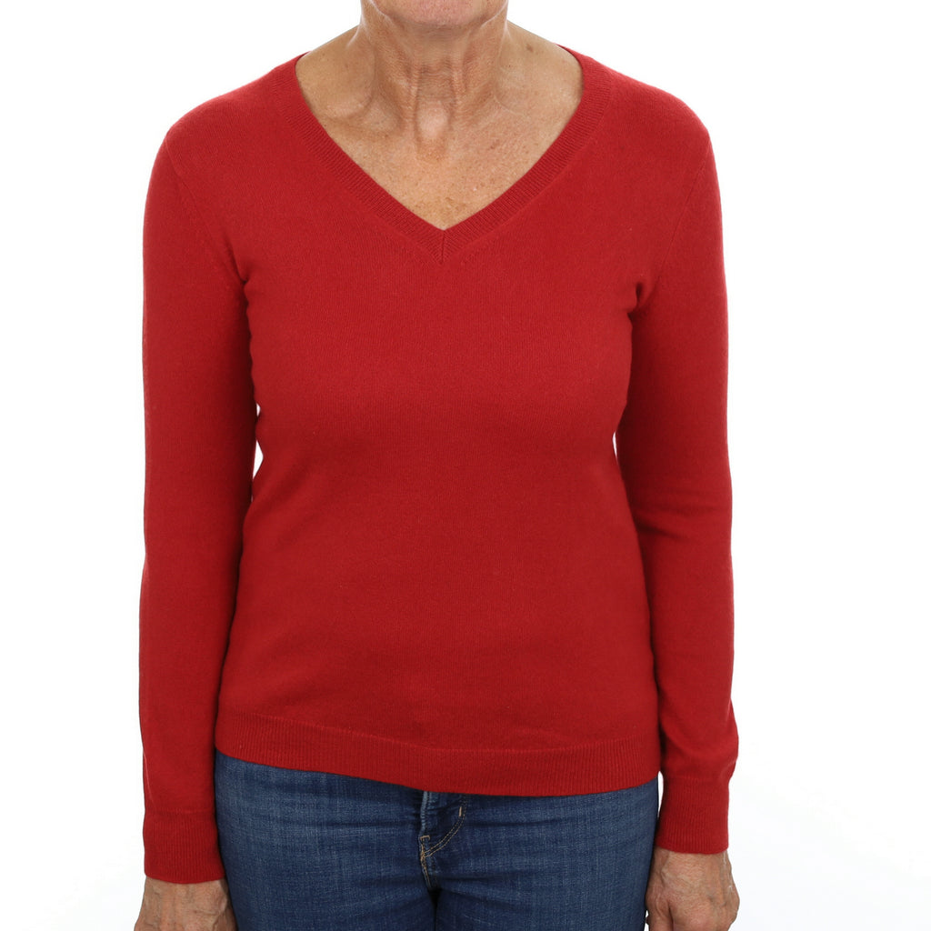 Scarlet Red Cashmere V Neck Jumper Medium