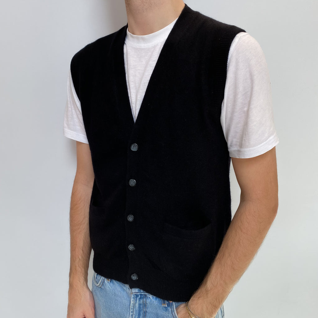 Men's Black Cashmere V Neck Sleeveless Cardigan with Pockets Large
