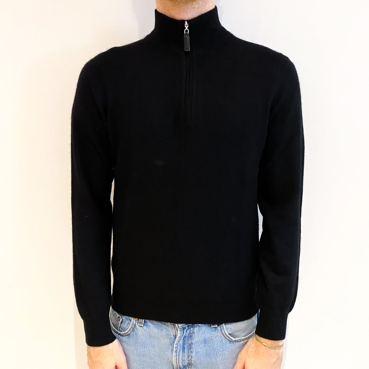 Men's Black Cashmere 3/4 Zip V Neck Jumper Medium