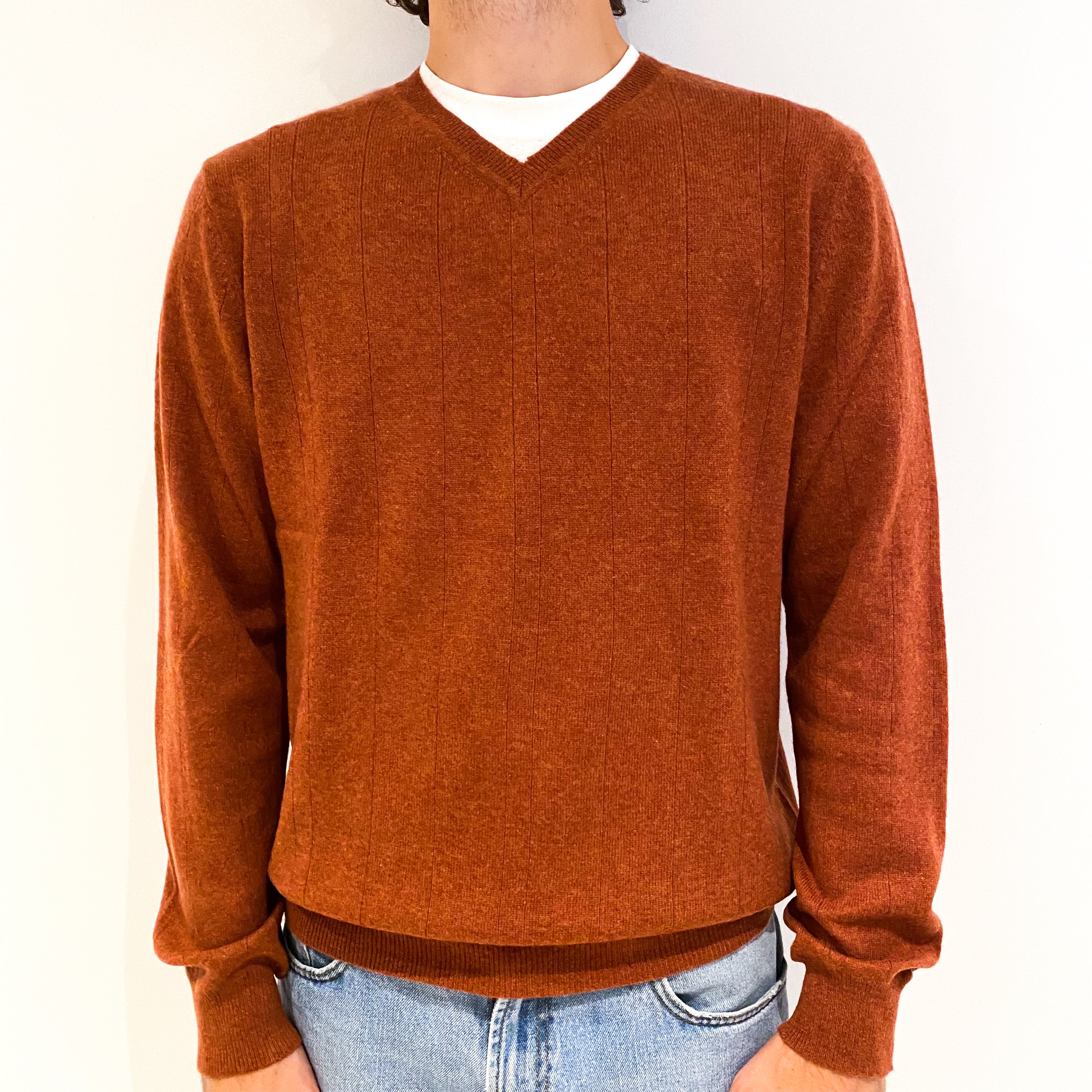 Men's Rusty Orange Stripe Cashmere V-Neck Jumper Large