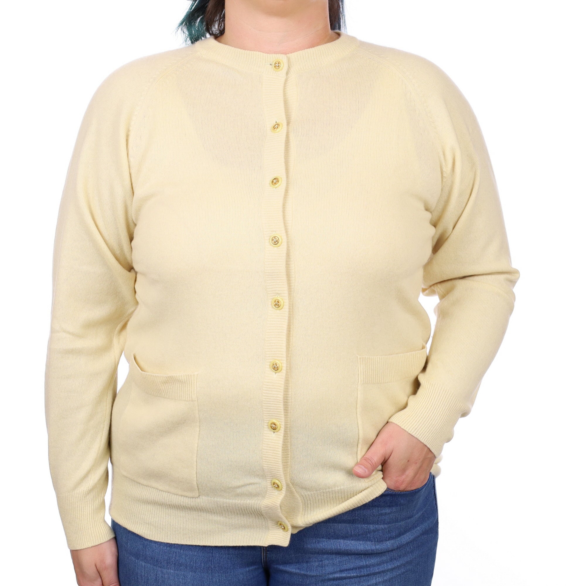 Primrose Yellow Cashmere Crew Neck Cardigan Large