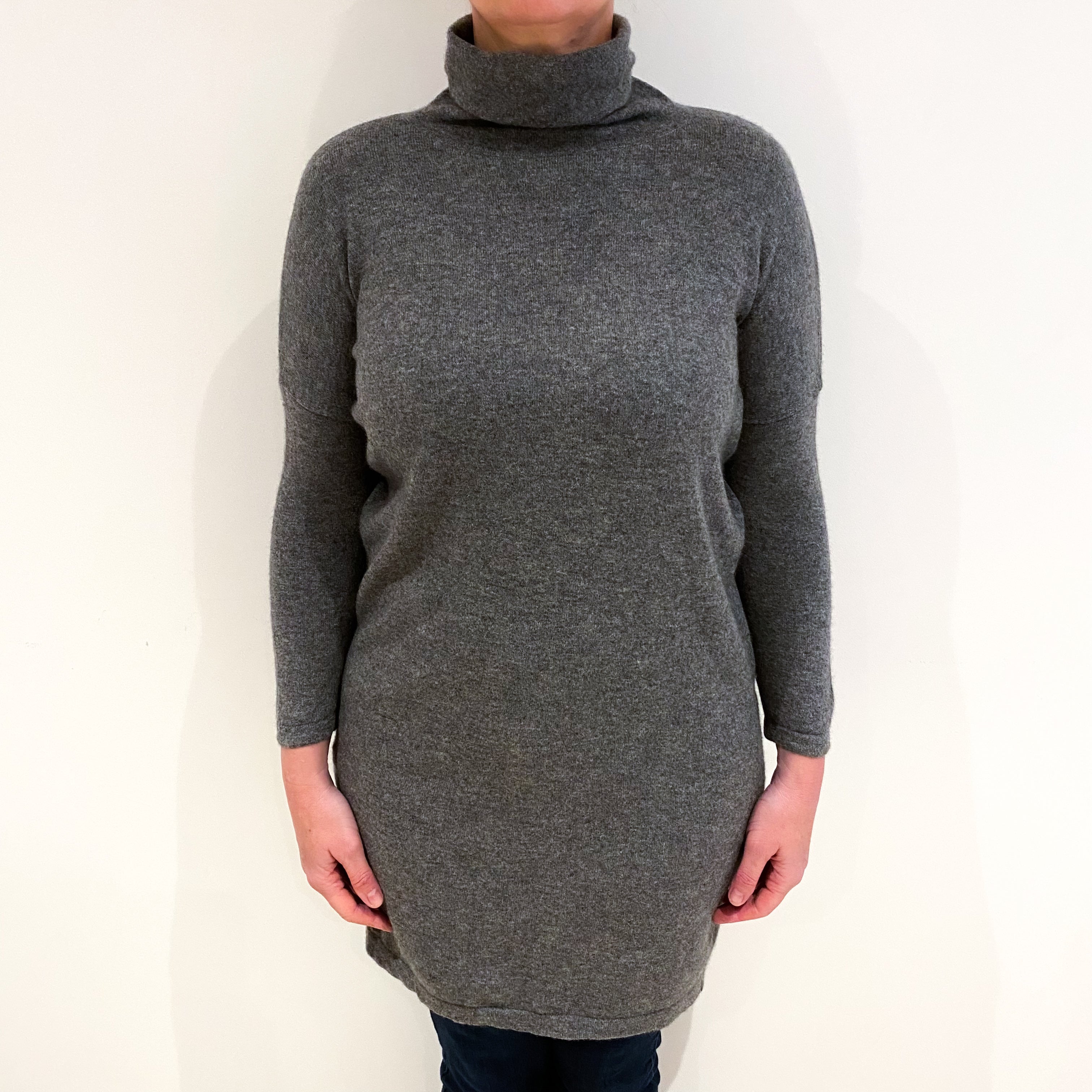 Slate Grey Cashmere Longline Polo Neck Jumper Large