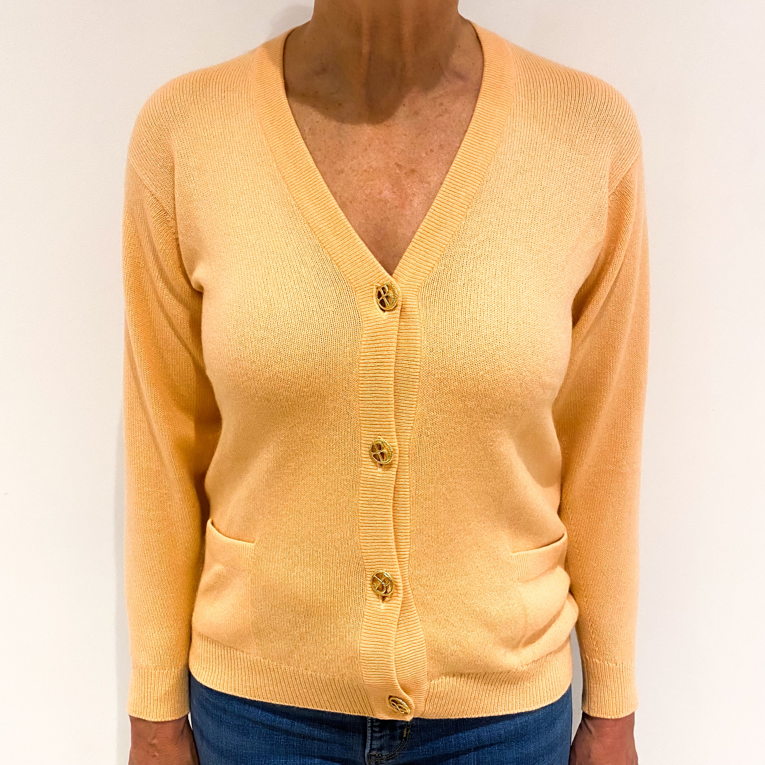 Peach Heavy Knit Cashmere V Neck Cardigan with Pockets Medium