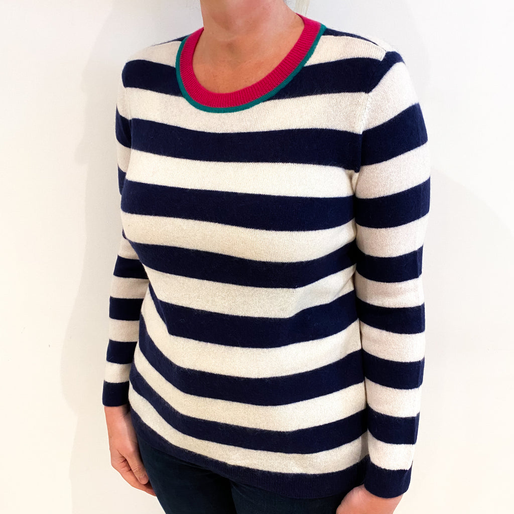 Navy And Cream Stripe Cashmere Crew Neck Jumper Large
