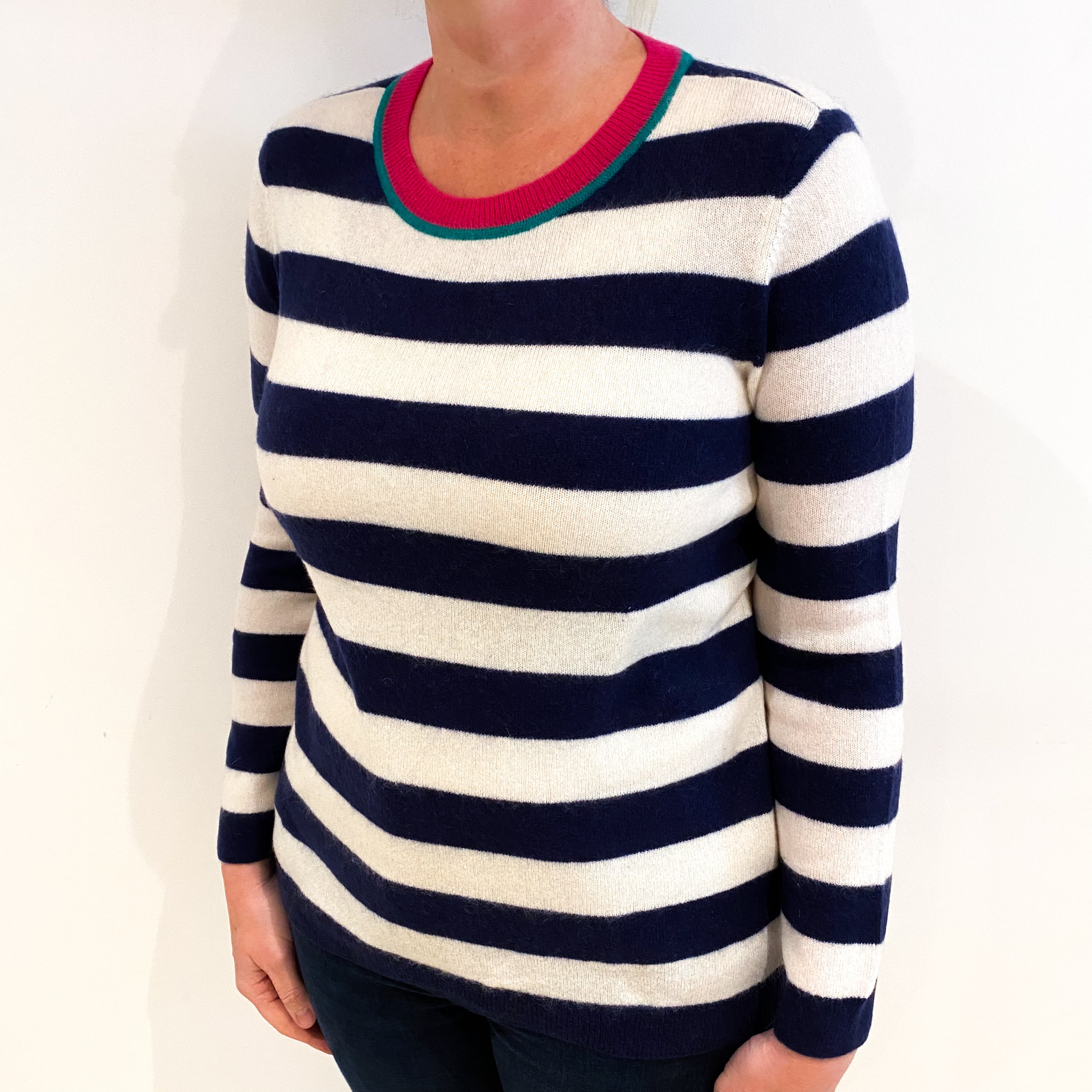 Navy And Cream Stripe Cashmere Crew Neck Jumper Large