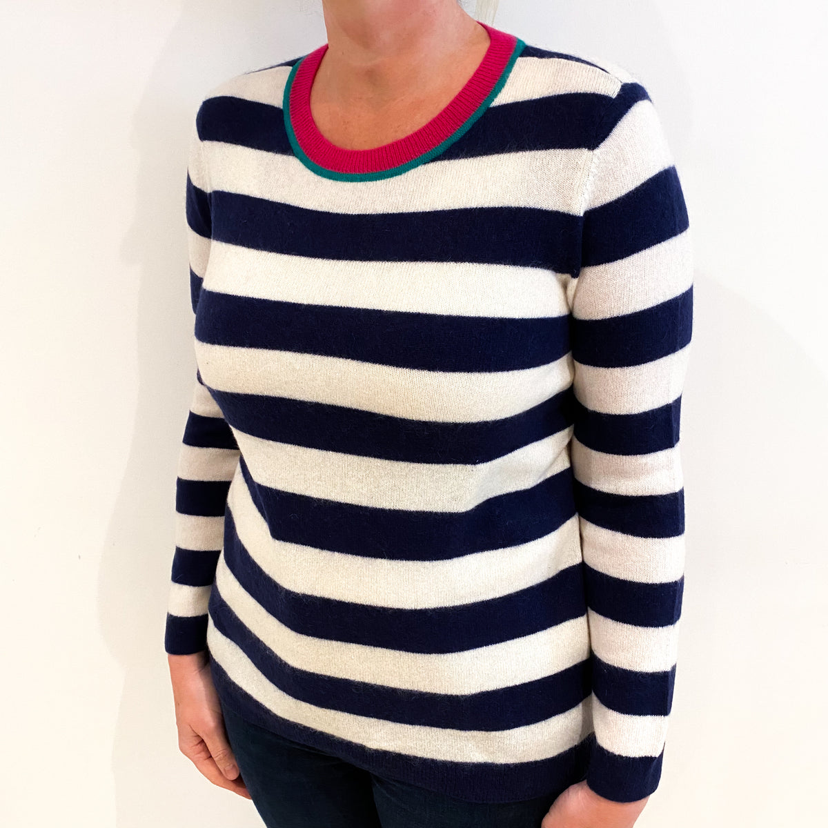 Navy And Cream Stripe Cashmere Crew Neck Jumper Large