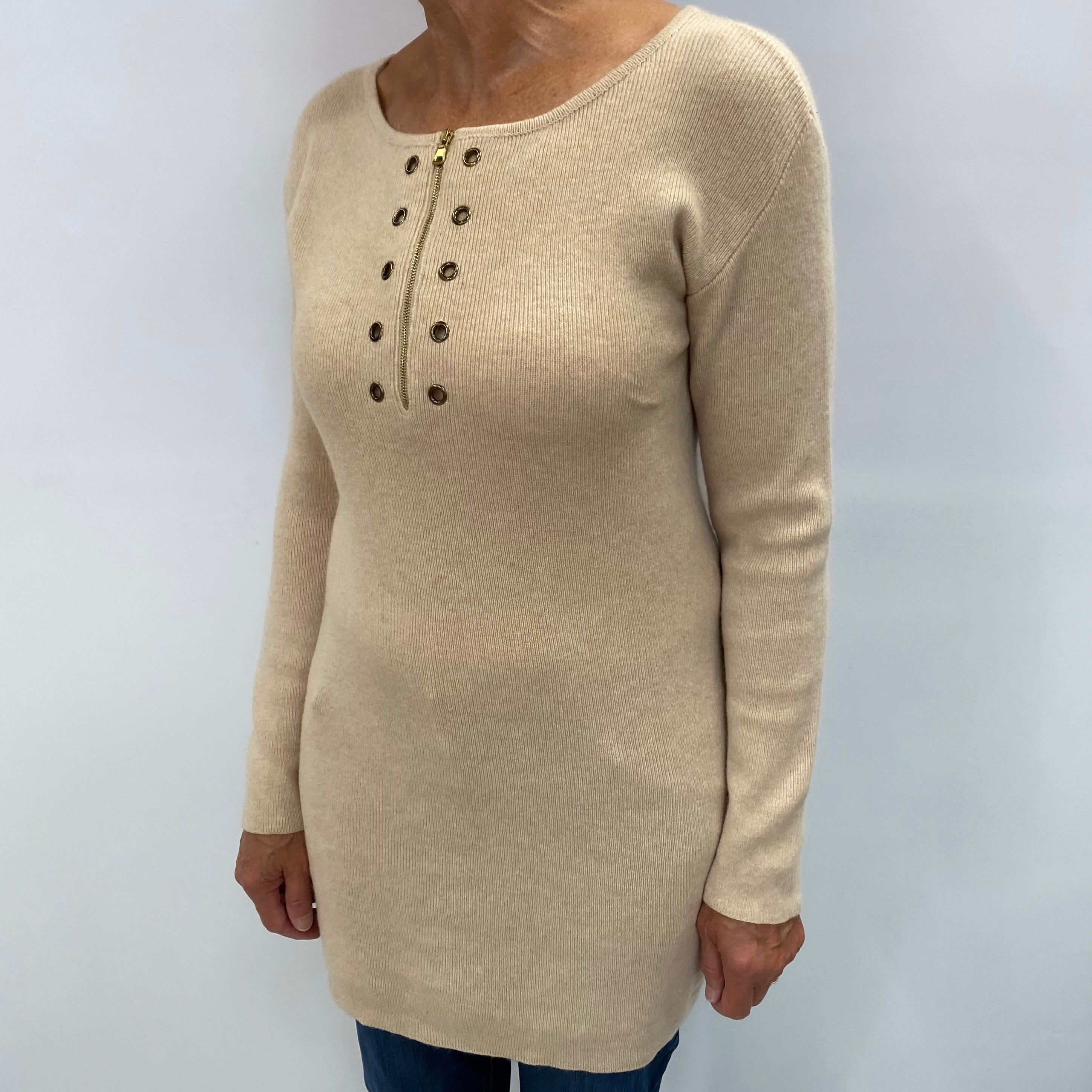 Sand Beige Cashmere Wide Crew Neck Tunic Jumper Medium
