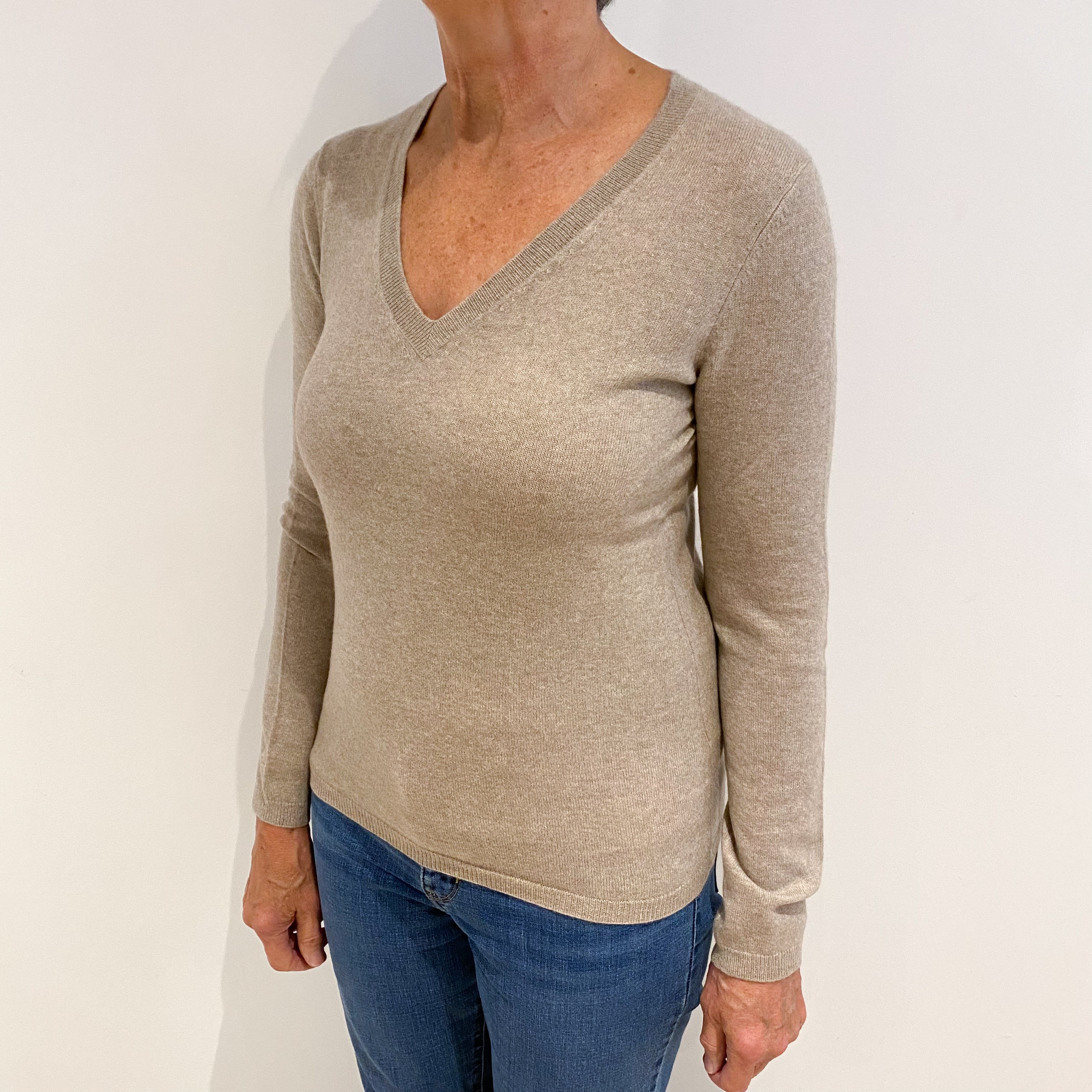 Fawn Brown Cashmere V-Neck Jumper Medium