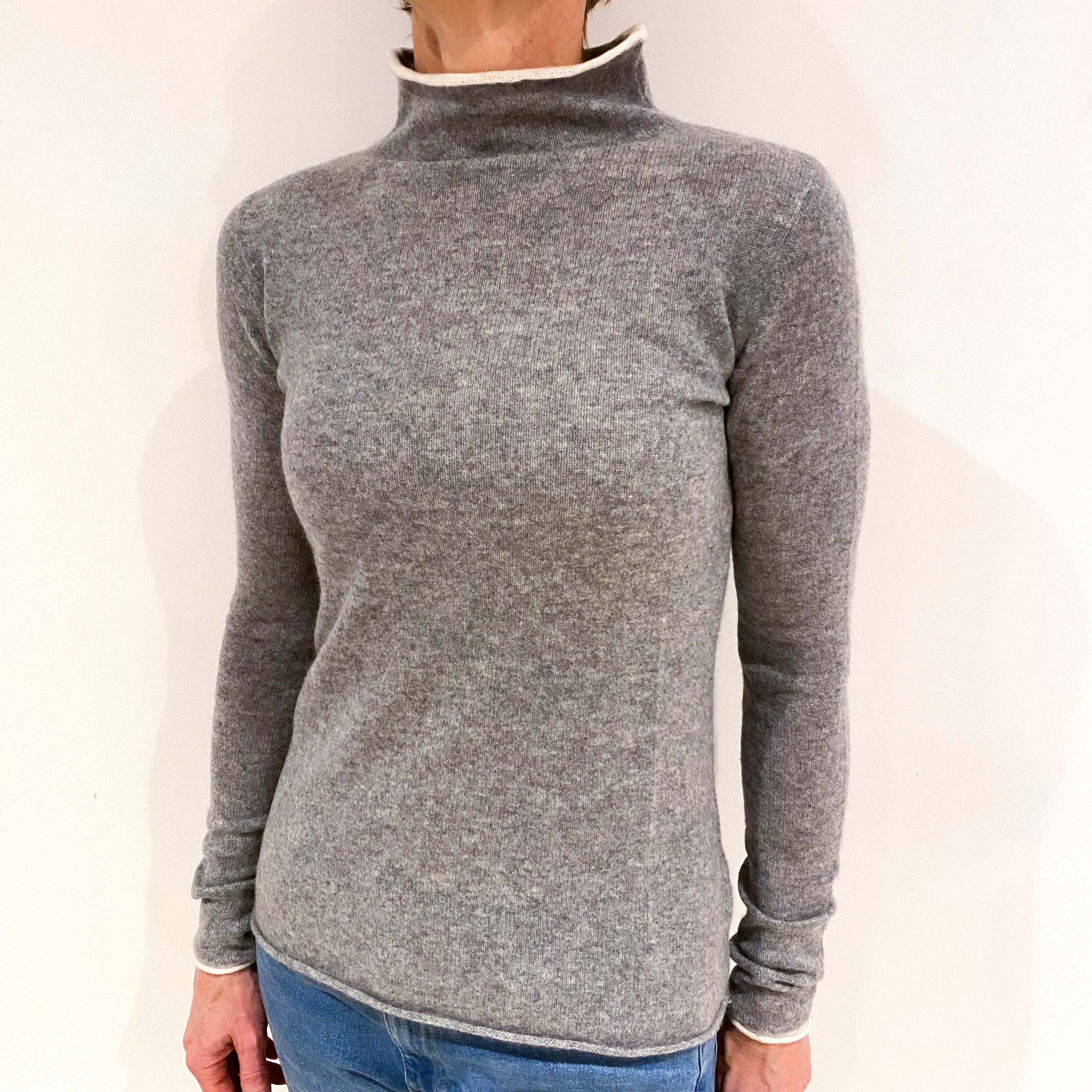 Ash Grey Cashmere Funnel Neck Jumper Small