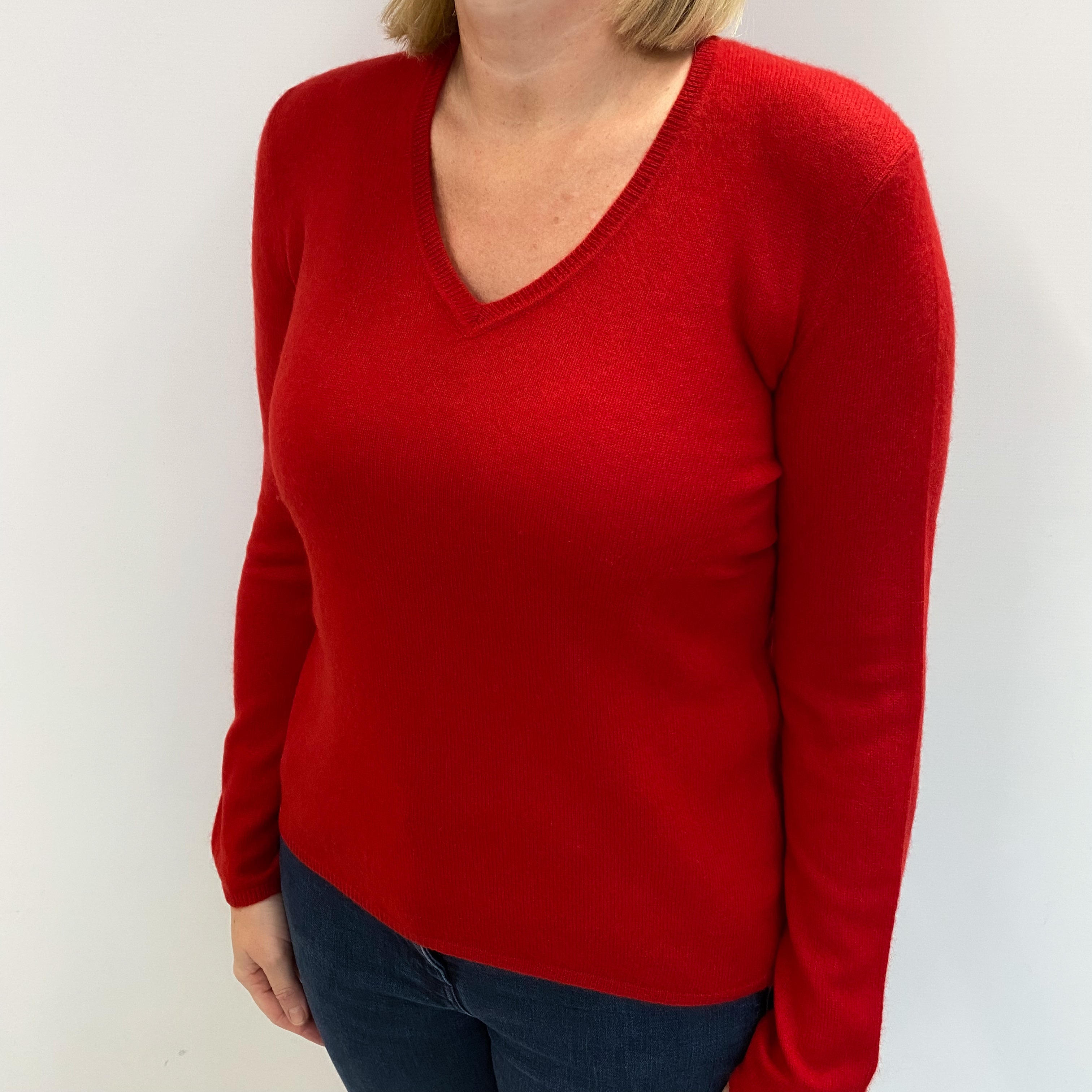 Scarlet Red Cashmere V Neck Jumper Large