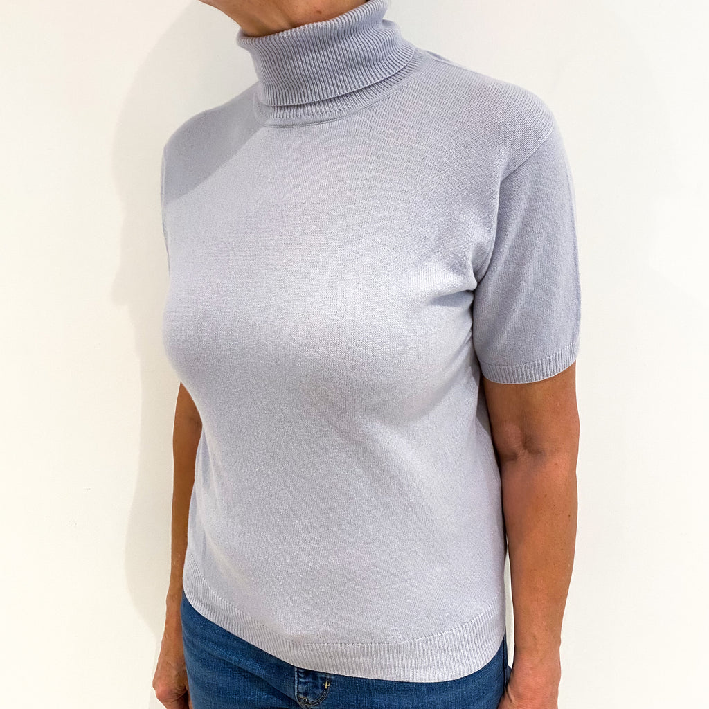 Ice Blue Cashmere Short Sleeved Polo Neck Jumper Medium