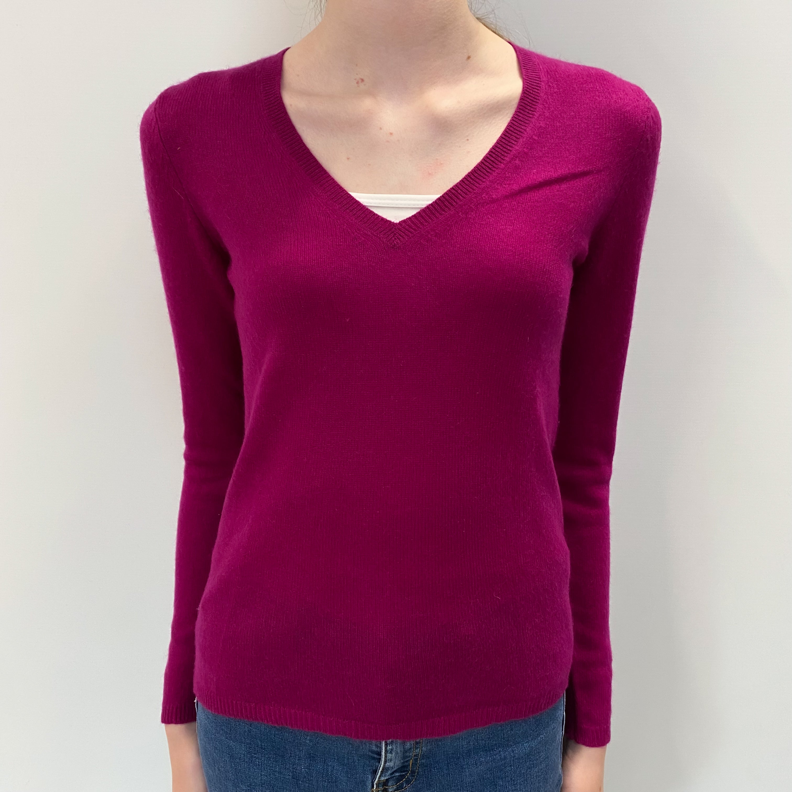Deep Magenta Pink Cashmere V Neck Jumper Extra Small