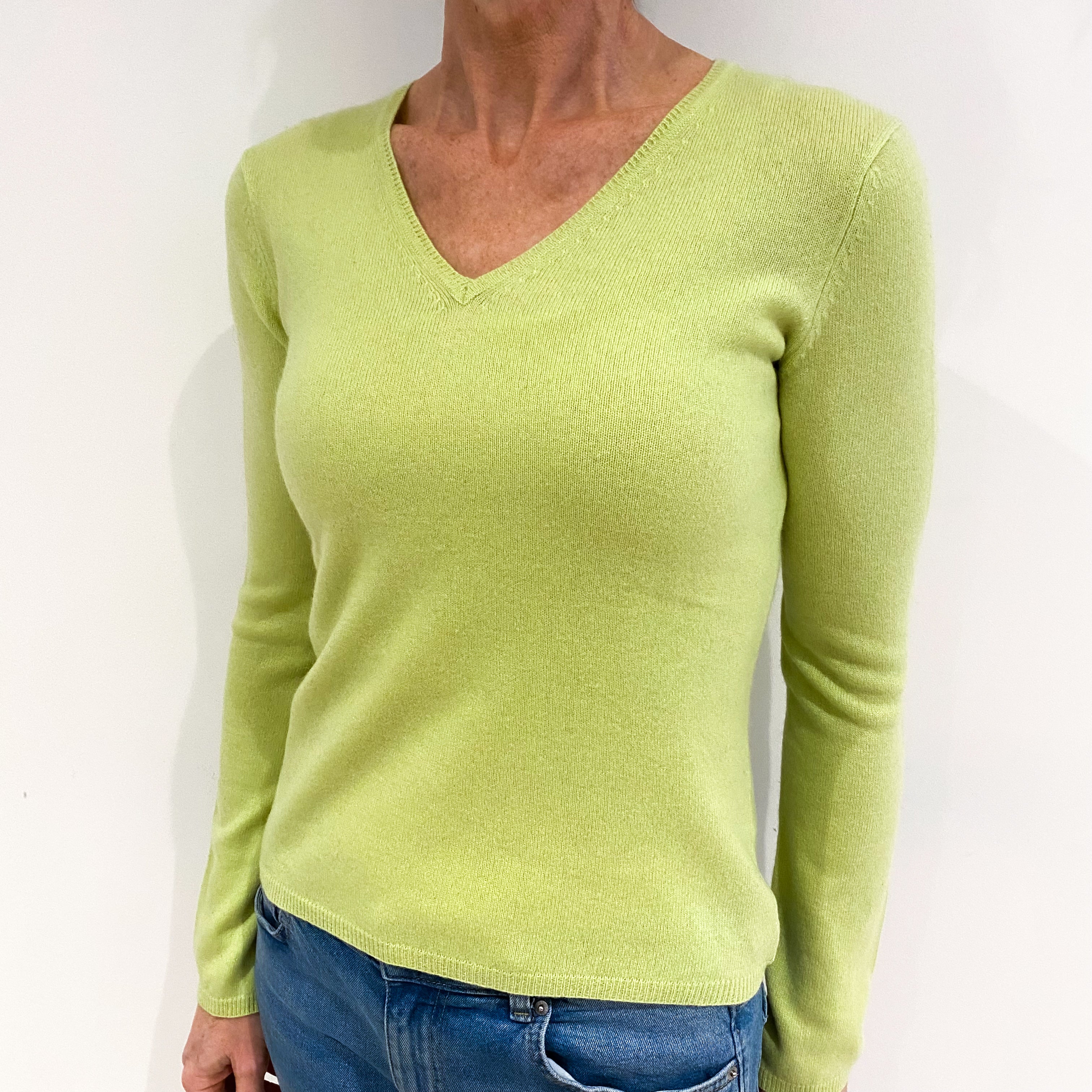 Soft Lime Green Cashmere V Neck Jumper Small