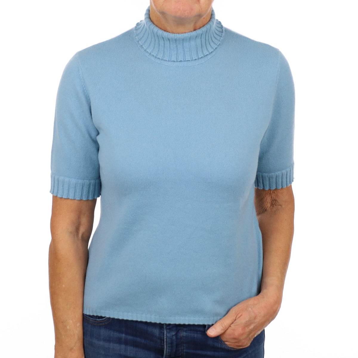 Opal Blue Cashmere Polo Neck Short Sleeved Jumper Medium