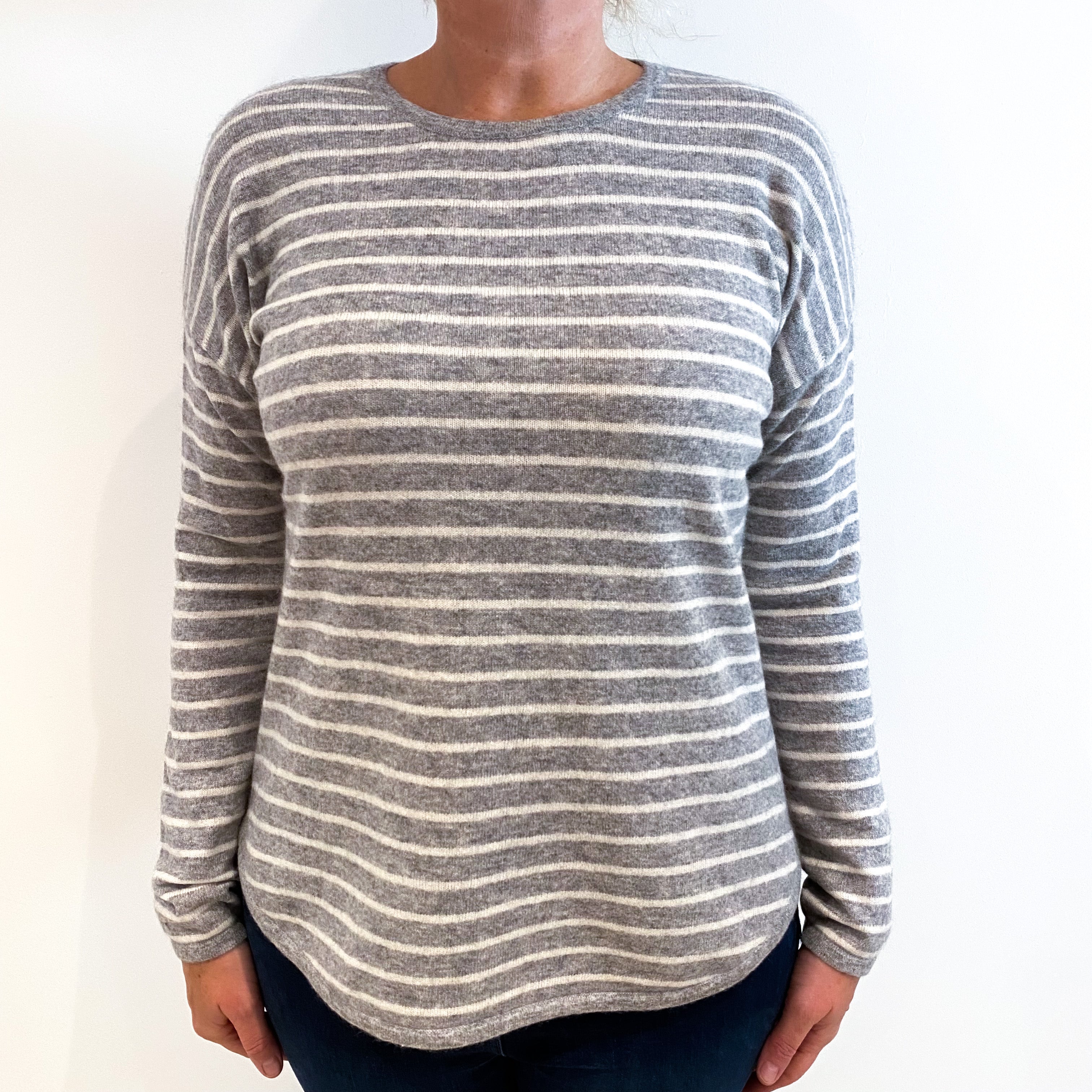 Grey Cream Striped Slouchy Cashmere Crew Neck Jumper Large
