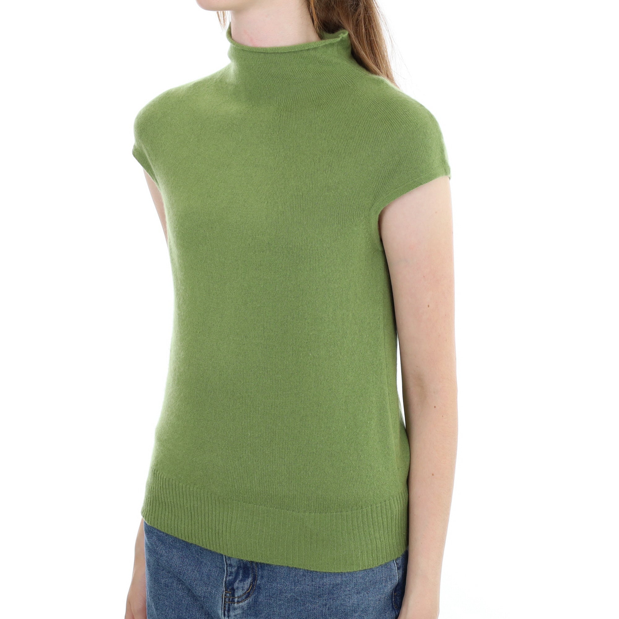 Pear Green Cashmere Capped Sleeve Turtle Neck Jumper Extra Small