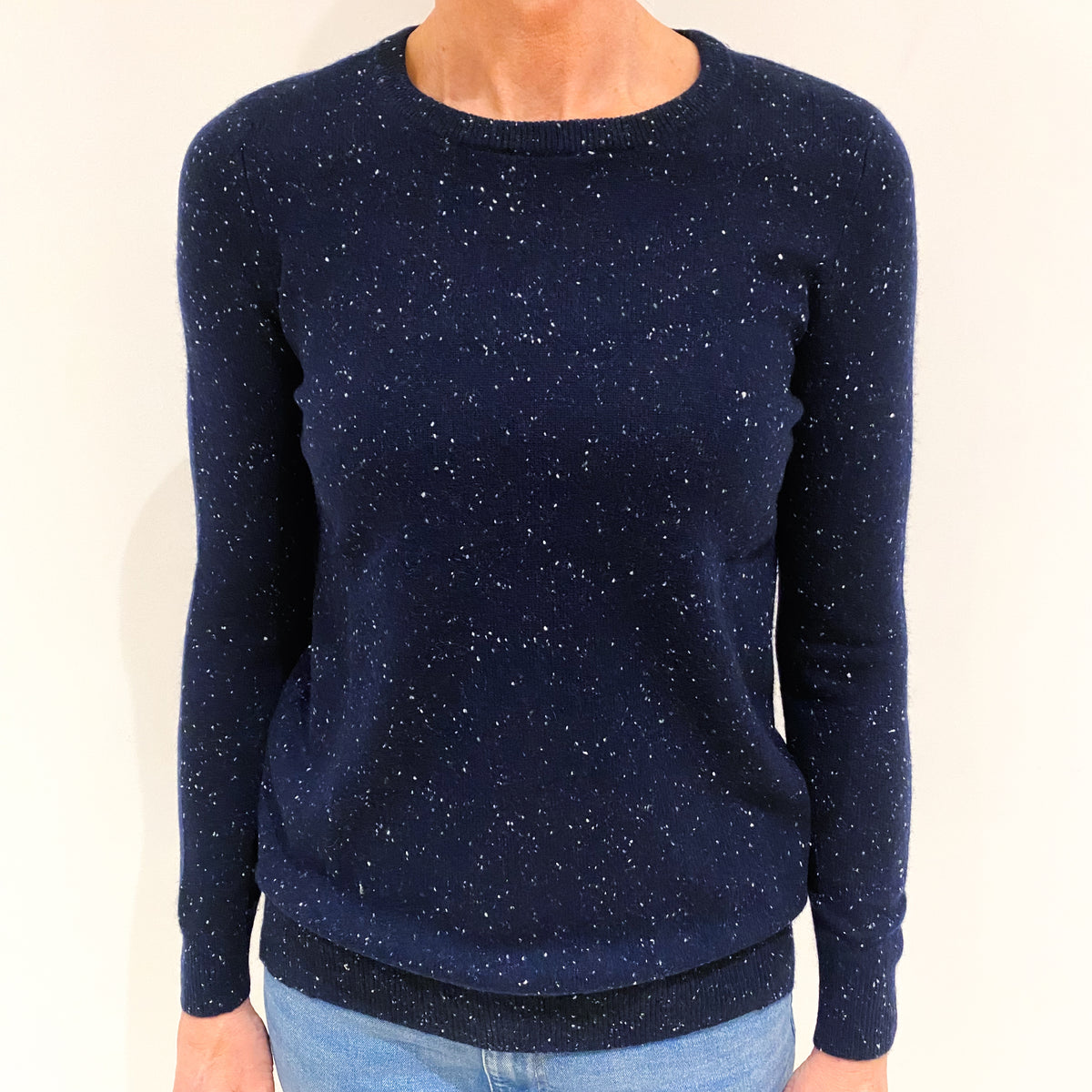 Dark Navy White Fleck Cashmere Crew Neck Jumper Small