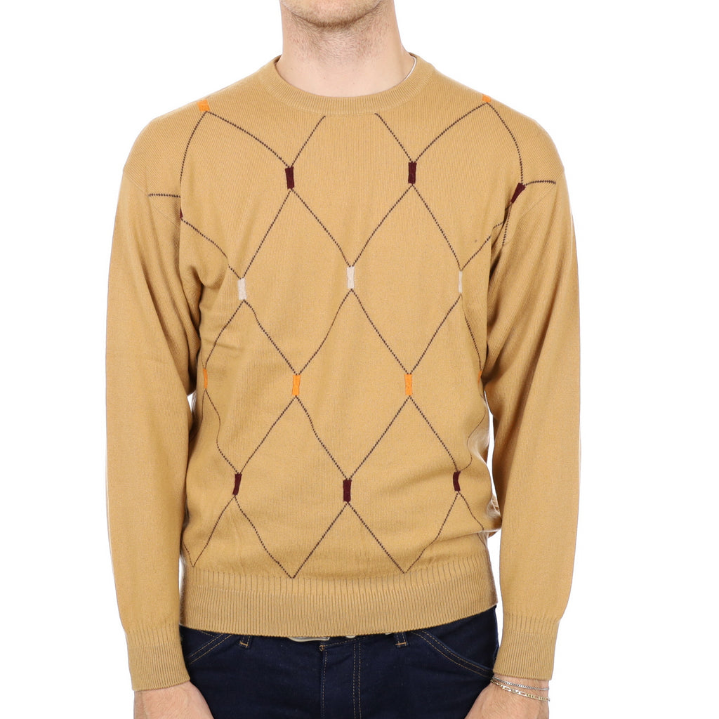 Men's Mustard Yellow Patterned Cashmere Crew Neck Jumper Medium