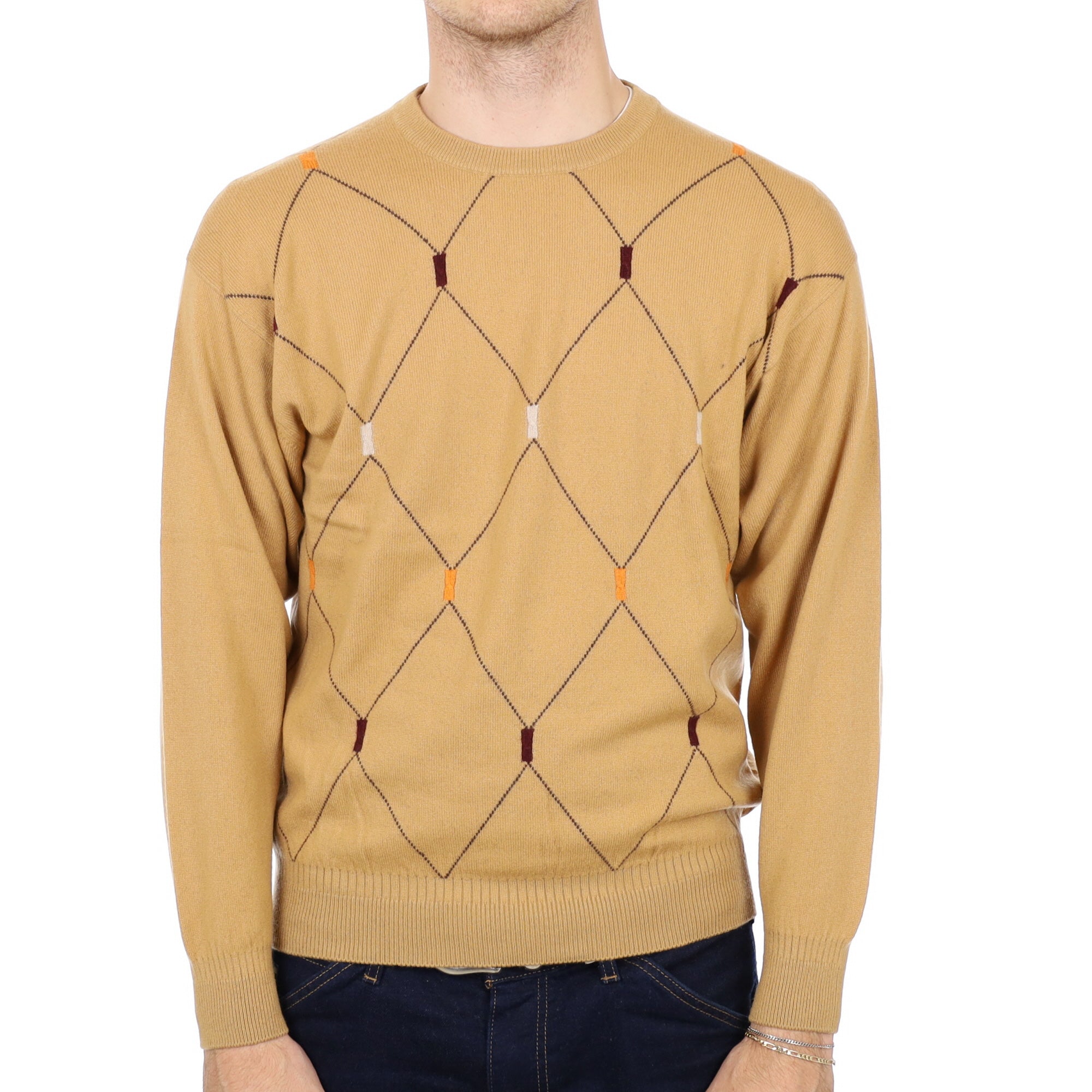 Men's Mustard Yellow Patterned Cashmere Crew Neck Jumper Medium