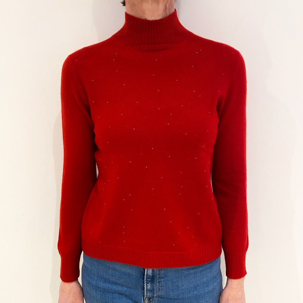 Scarlet Red Embellished Cashmere Turtle Neck Jumper Small