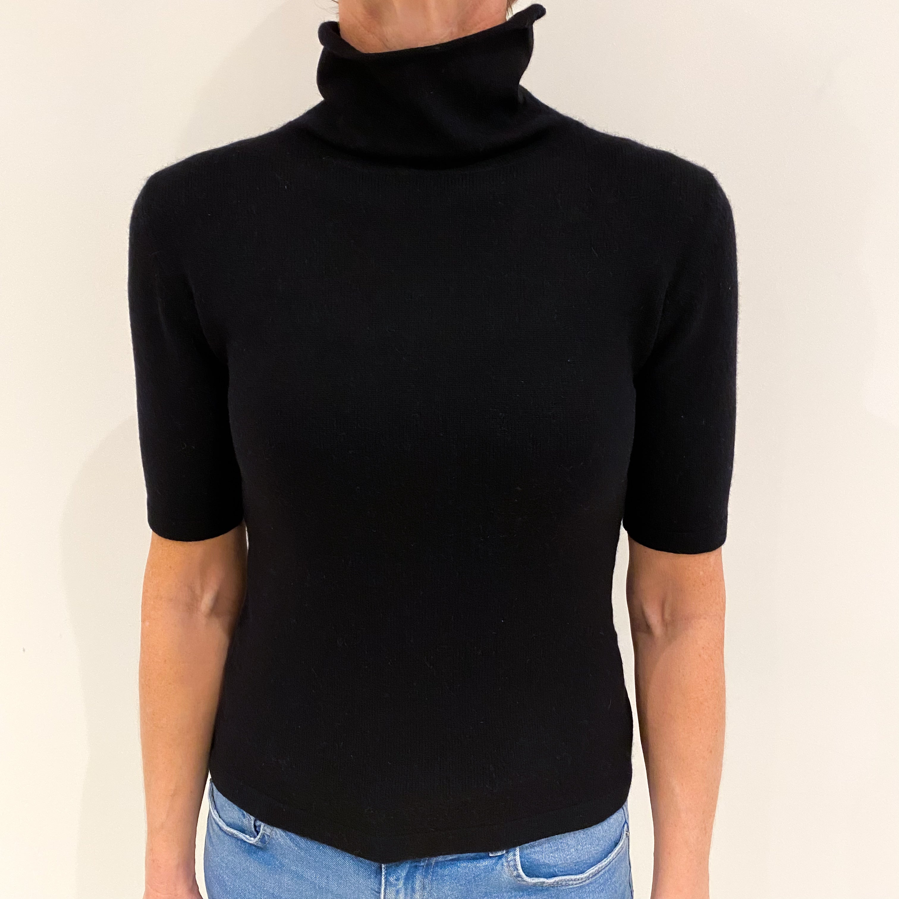 Black Cashmere Short Sleeved Funnel Neck Jumper Small