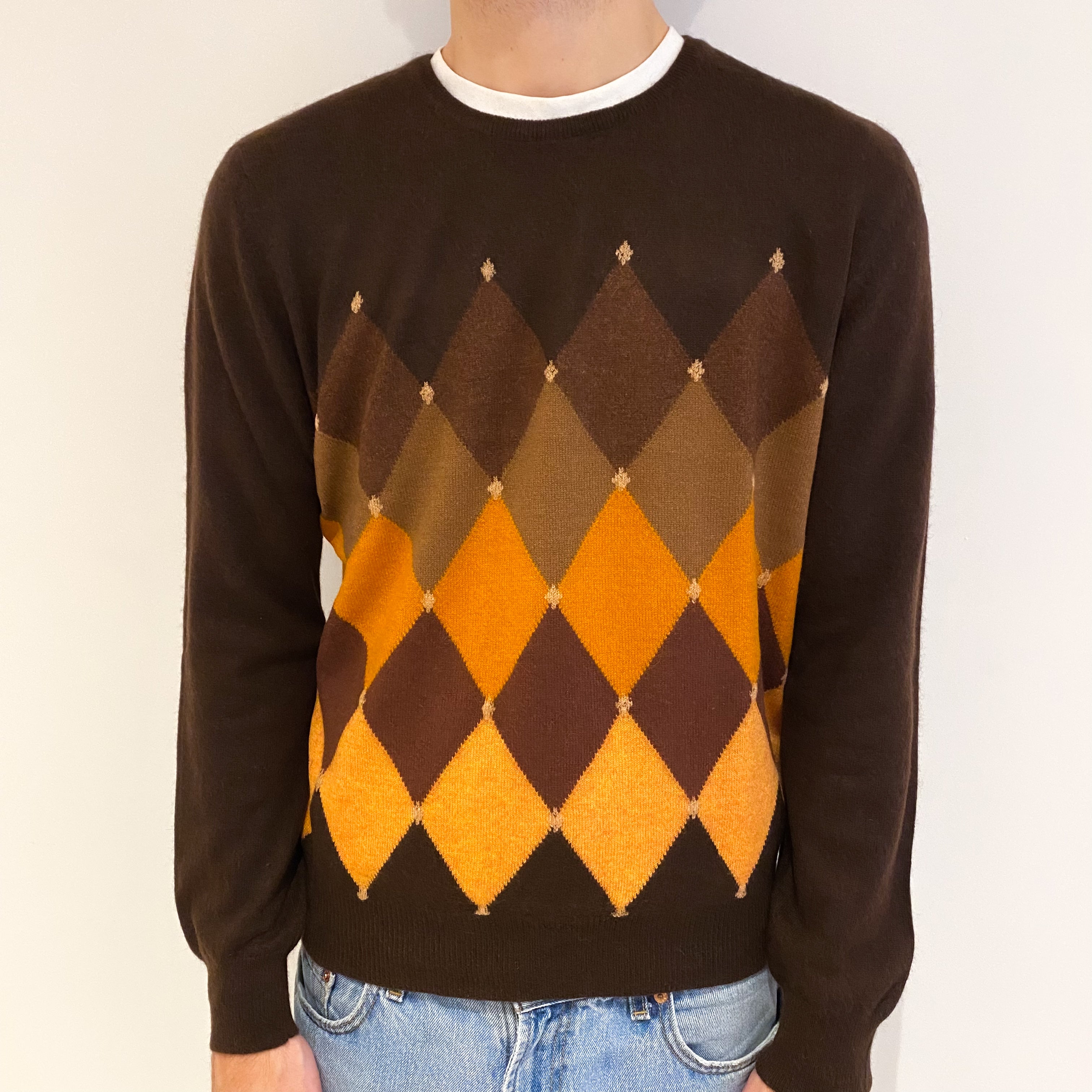 Men's Brown and Orange Diamond Patterned Cashmere Crew Neck Jumper Large